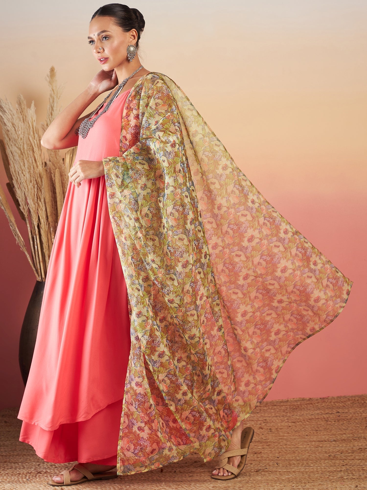 InWeave Dark Peach Strappy W Olive Liberty Print Organza Dupatta Set - Swadesiicart
