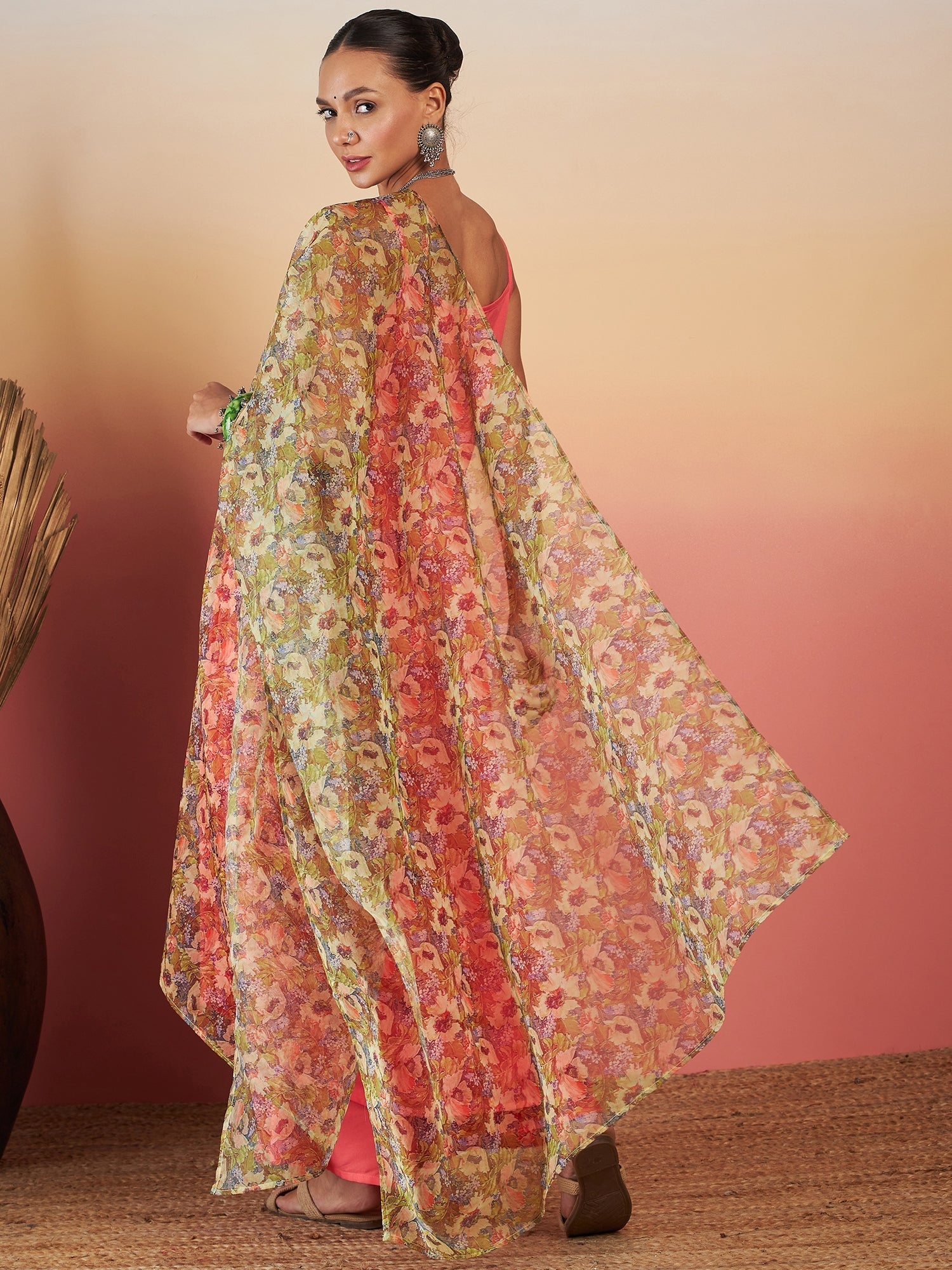 InWeave Dark Peach Strappy W Olive Liberty Print Organza Dupatta Set - Swadesiicart