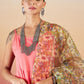 InWeave Dark Peach Strappy W Olive Liberty Print Organza Dupatta Set - Swadesiicart