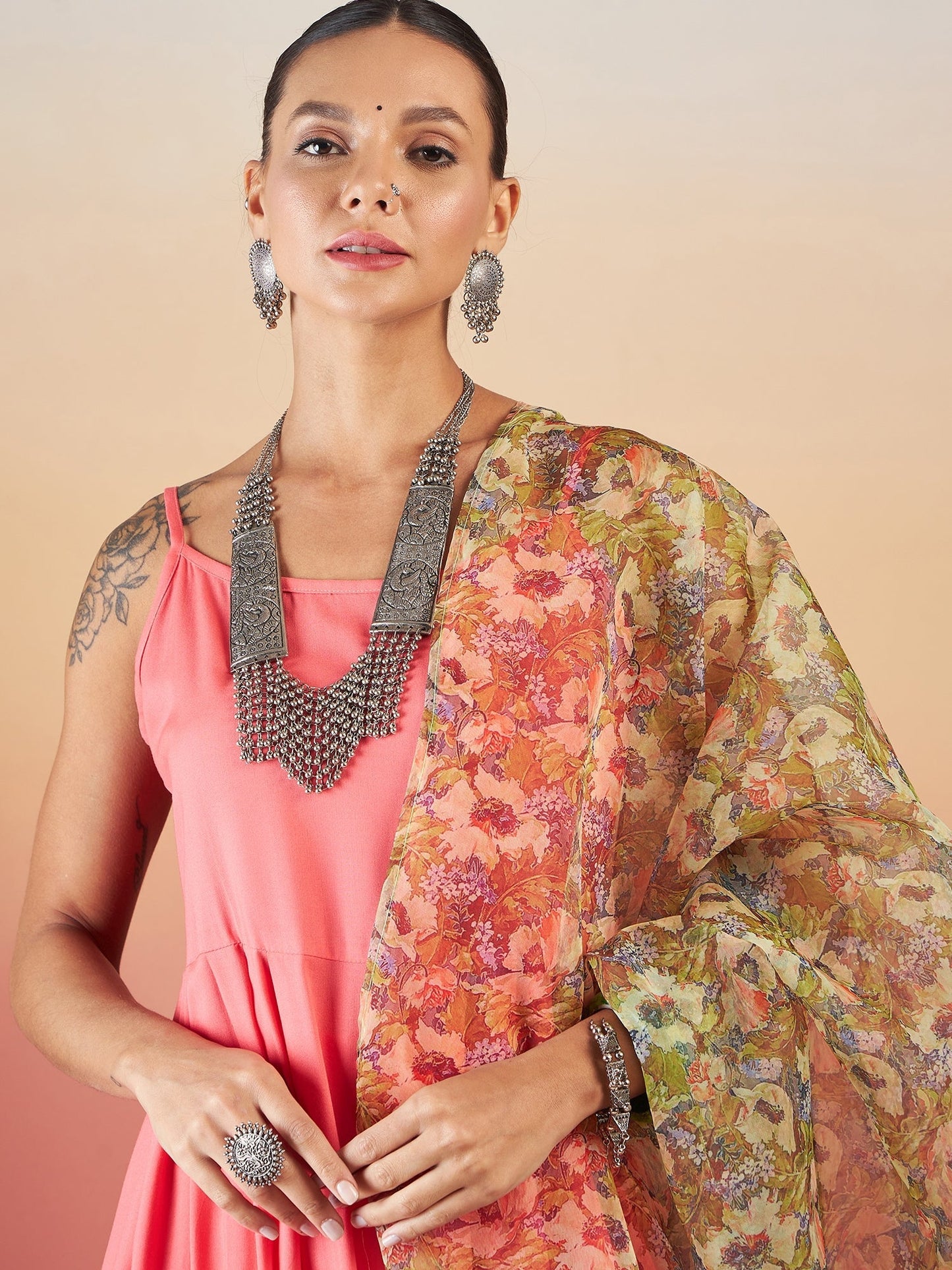 InWeave Dark Peach Strappy W Olive Liberty Print Organza Dupatta Set - Swadesiicart