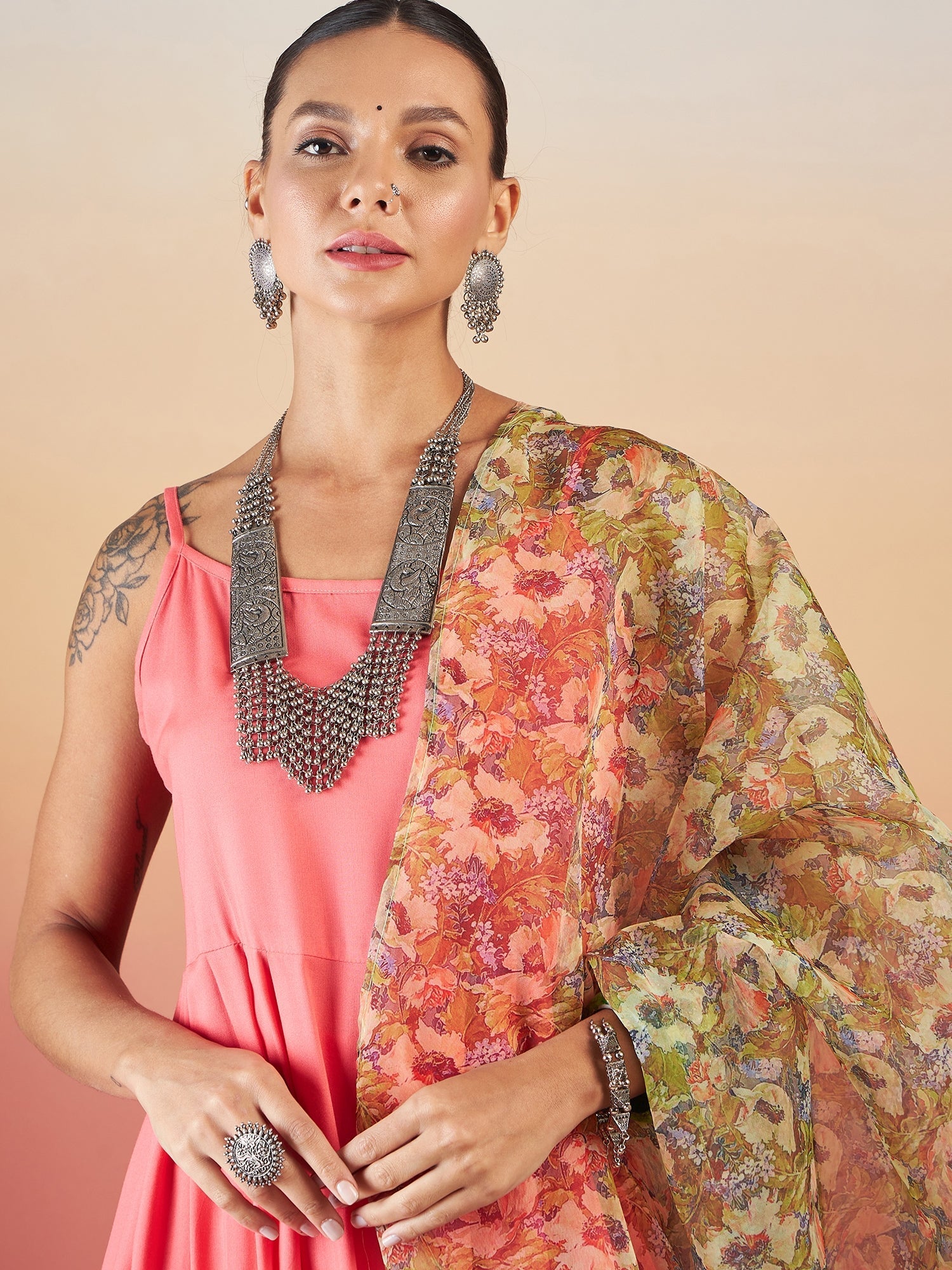InWeave Dark Peach Strappy W Olive Liberty Print Organza Dupatta Set - Swadesiicart