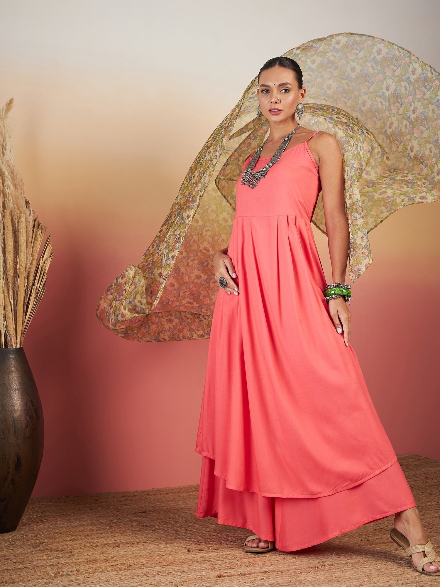 InWeave Dark Peach Strappy W Olive Liberty Print Organza Dupatta Set - Swadesiicart