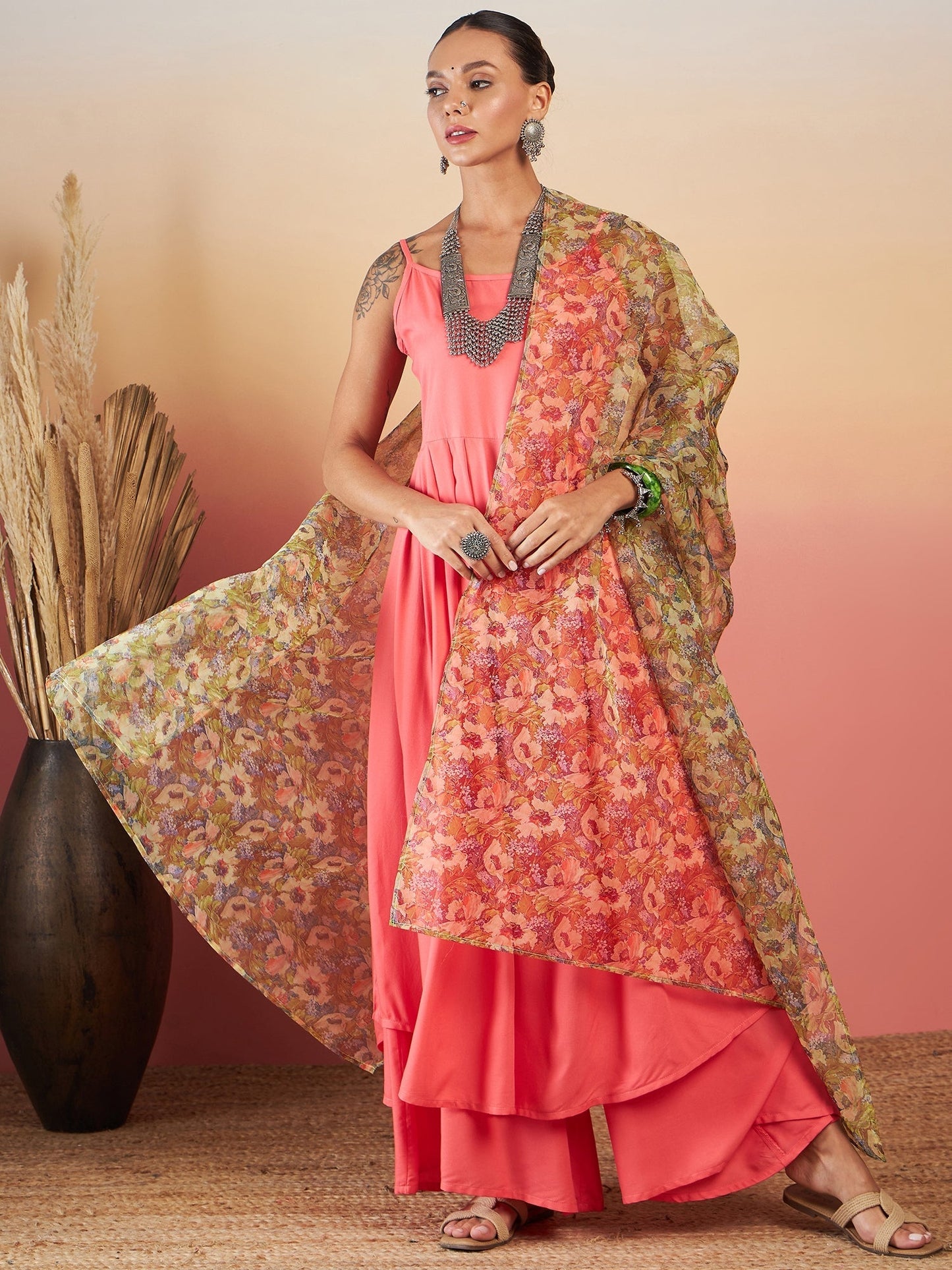 InWeave Dark Peach Strappy W Olive Liberty Print Organza Dupatta Set - Swadesiicart