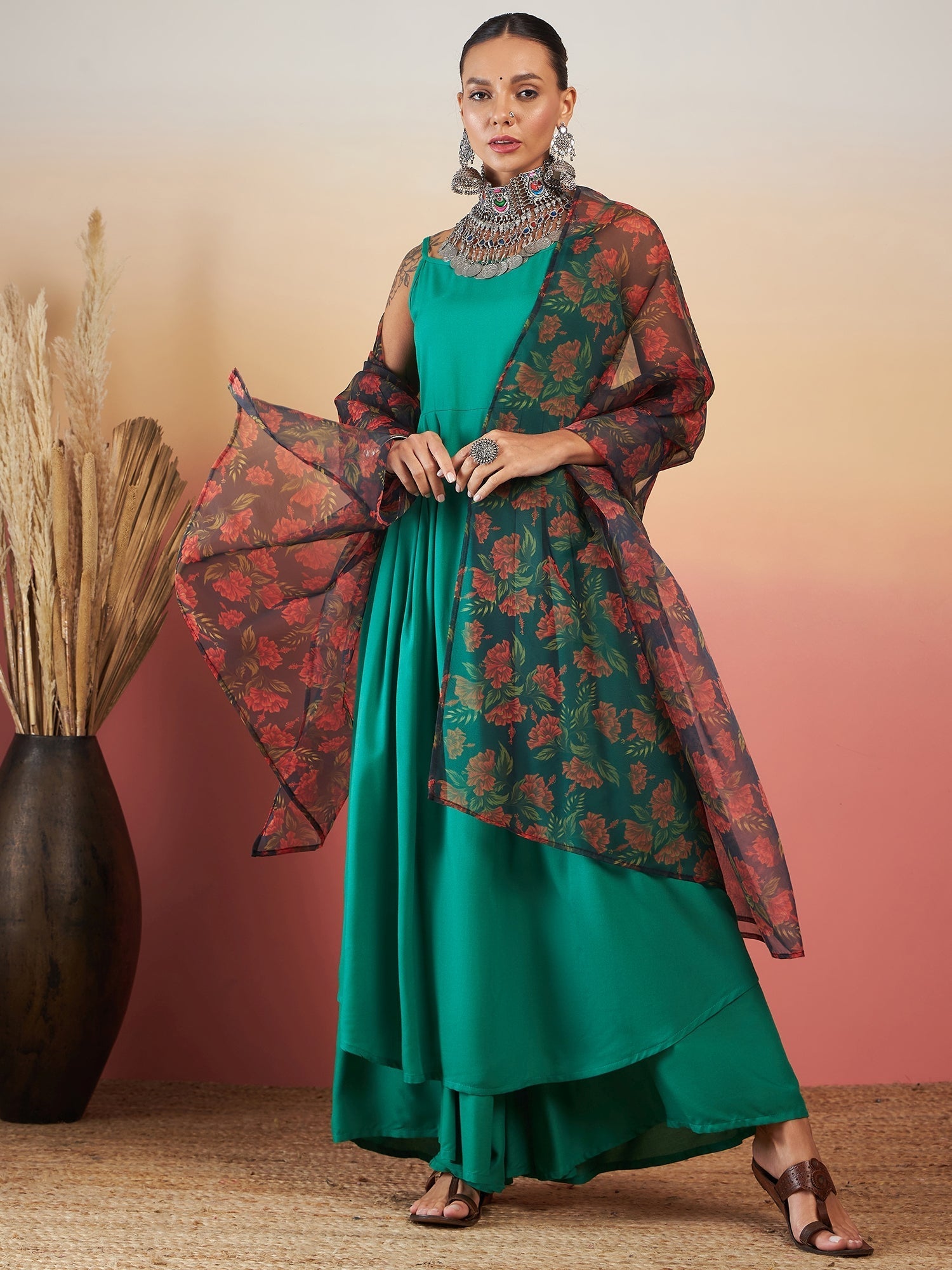 InWeave Emerald Green Strappy W Black Orange Floral Print Or Dupatta Set - Swadesiicart