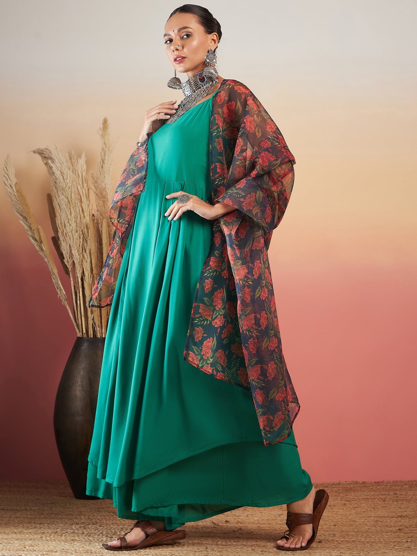InWeave Emerald Green Strappy W Black Orange Floral Print Or Dupatta Set - Swadesiicart