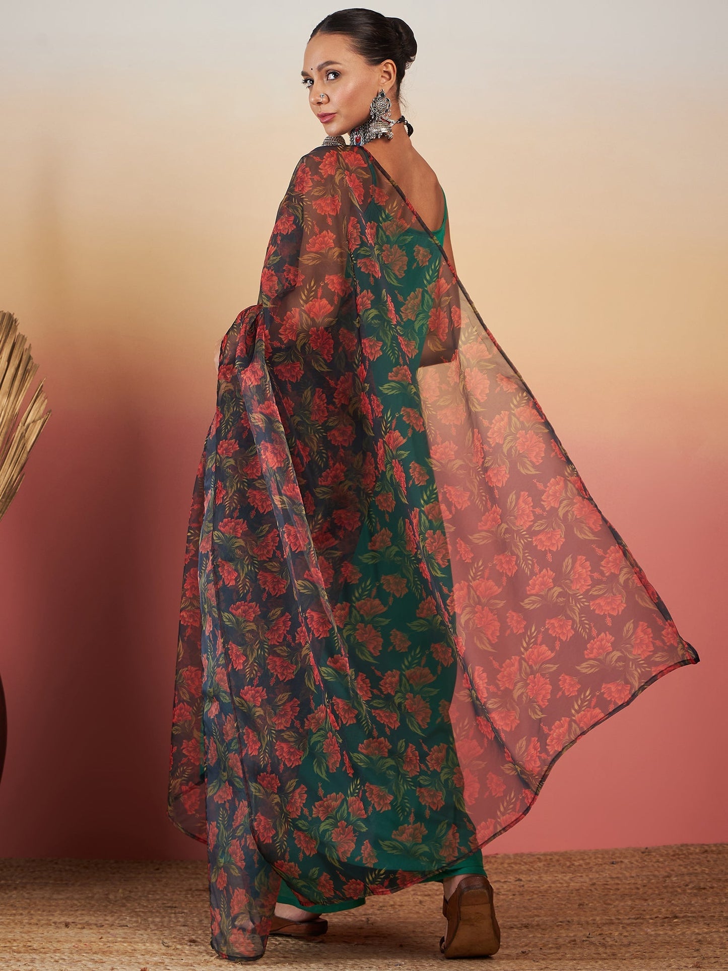 InWeave Emerald Green Strappy W Black Orange Floral Print Or Dupatta Set - Swadesiicart