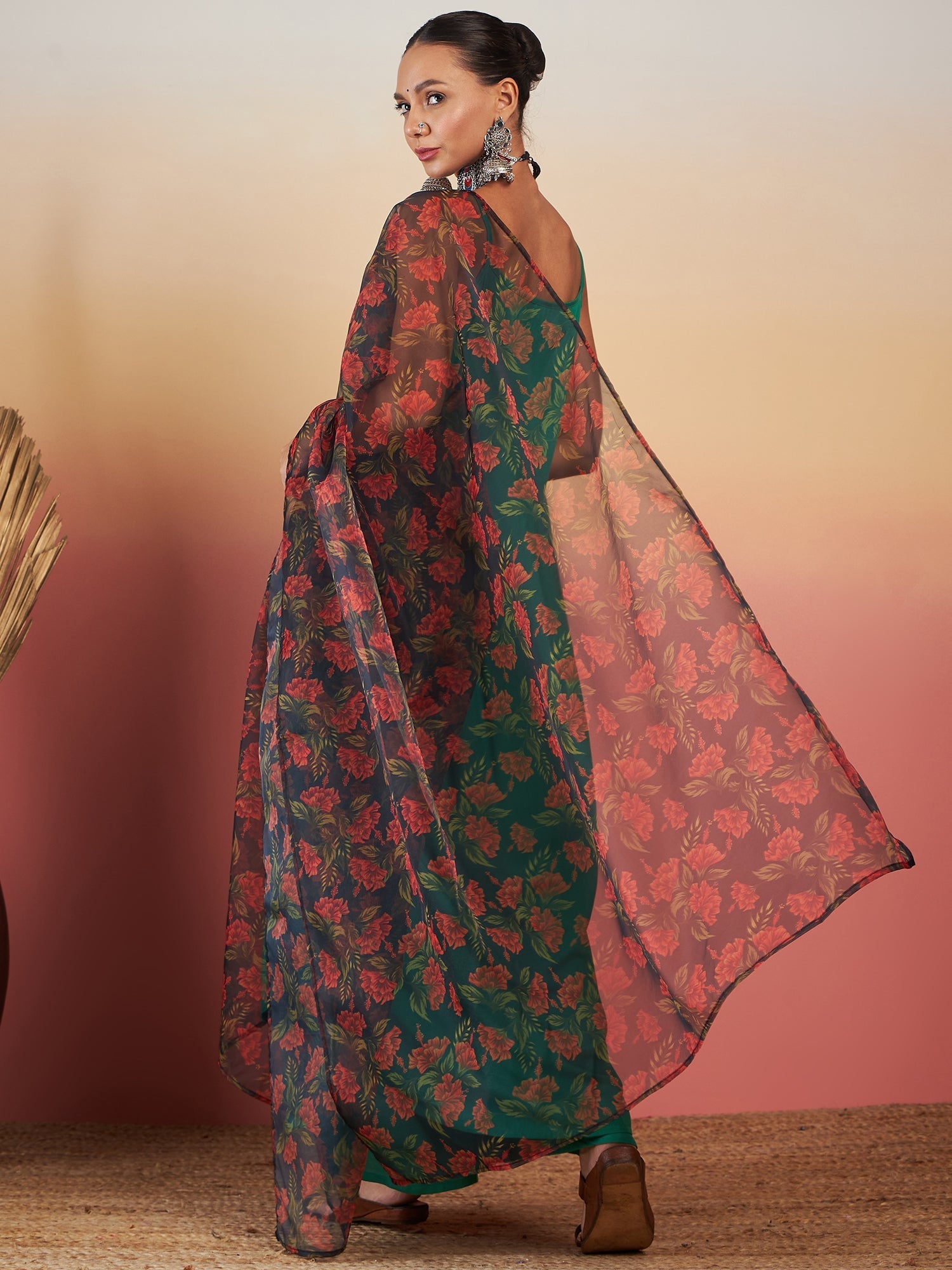 InWeave Emerald Green Strappy W Black Orange Floral Print Or Dupatta Set - Swadesiicart