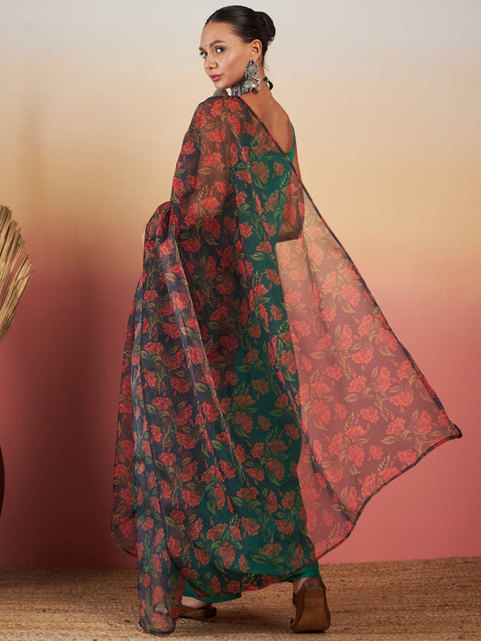 InWeave Emerald Green Strappy W Black Orange Floral Print Or Dupatta Set - Swadesiicart