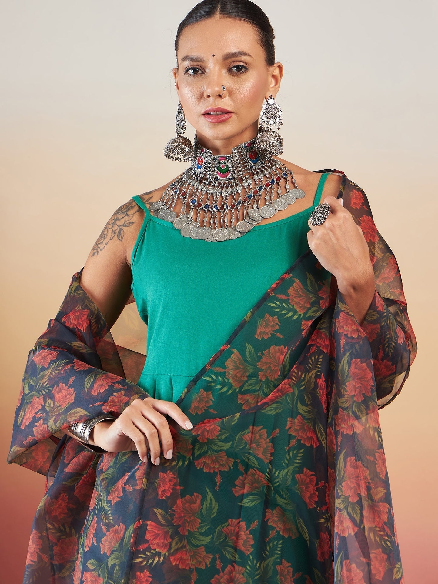 InWeave Emerald Green Strappy W Black Orange Floral Print Or Dupatta Set - Swadesiicart