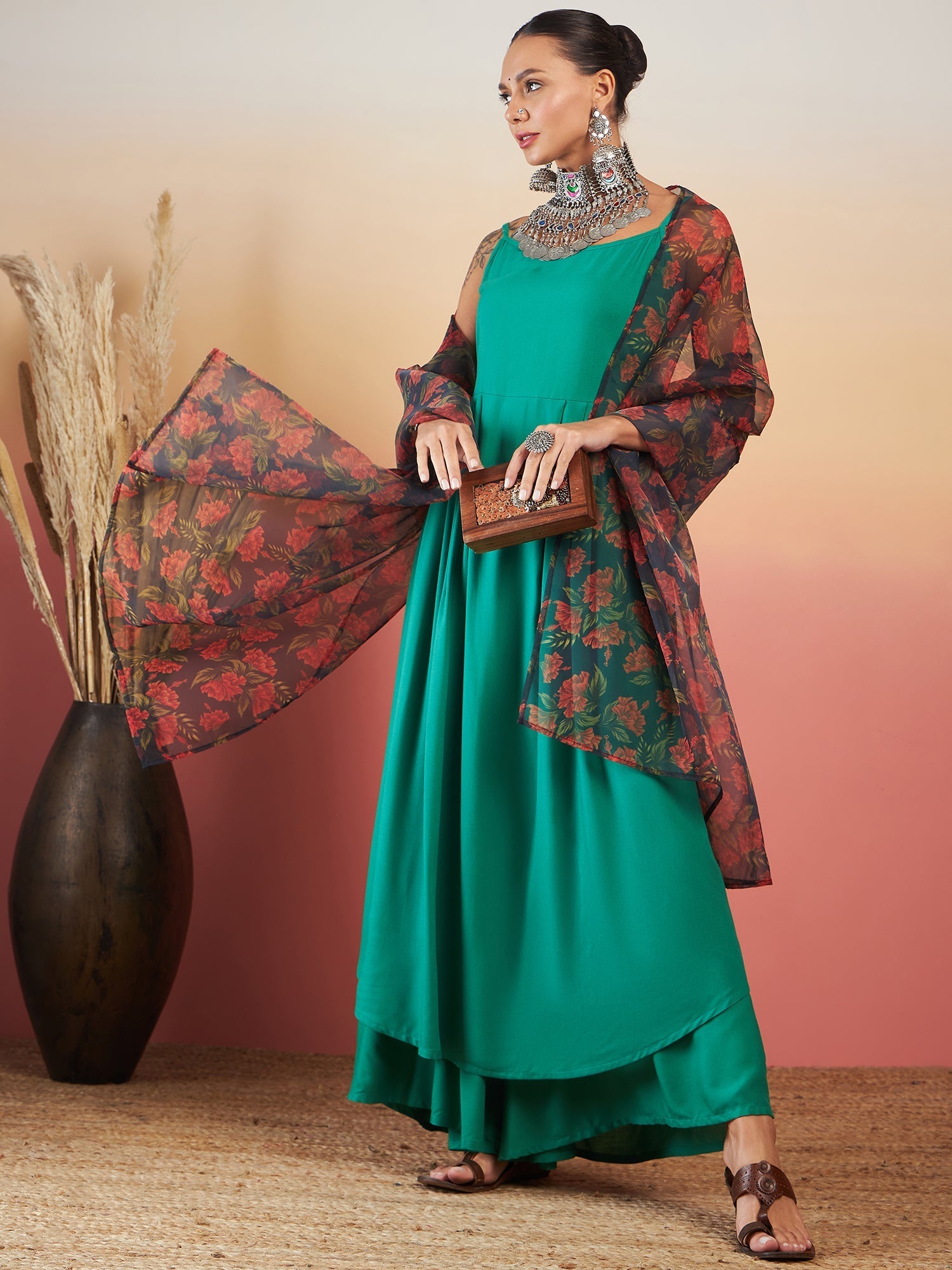InWeave Emerald Green Strappy W Black Orange Floral Print Or Dupatta Set - Swadesiicart