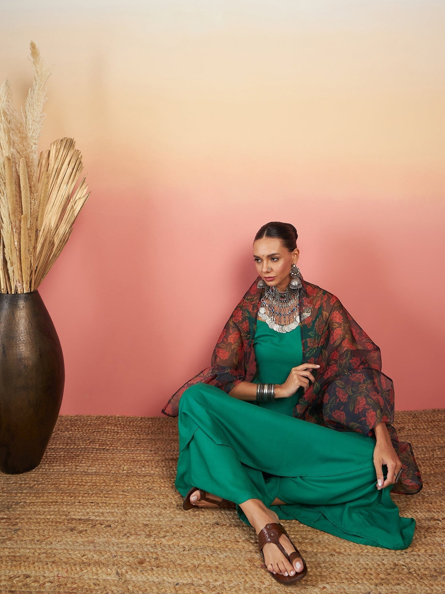 InWeave Emerald Green Strappy W Black Orange Floral Print Or Dupatta Set - Swadesiicart