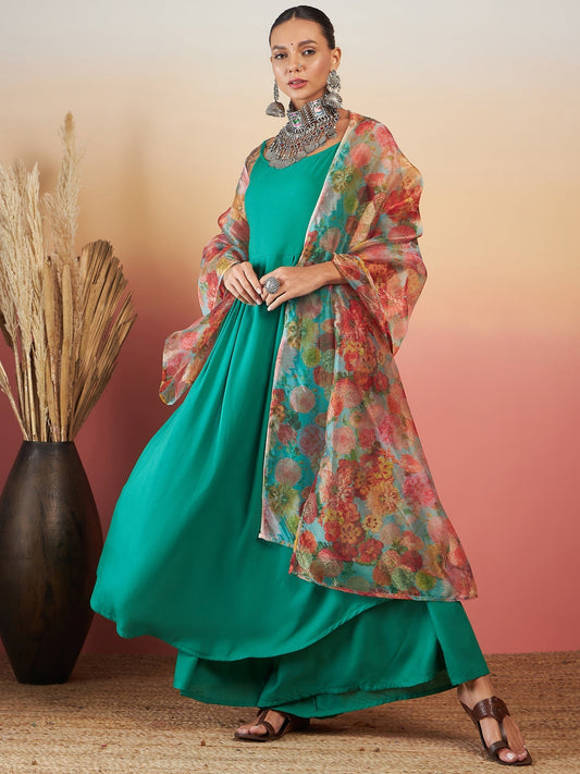 InWeave Emerald Green Strappy W Green Organza Dupatta Set - Swadesiicart