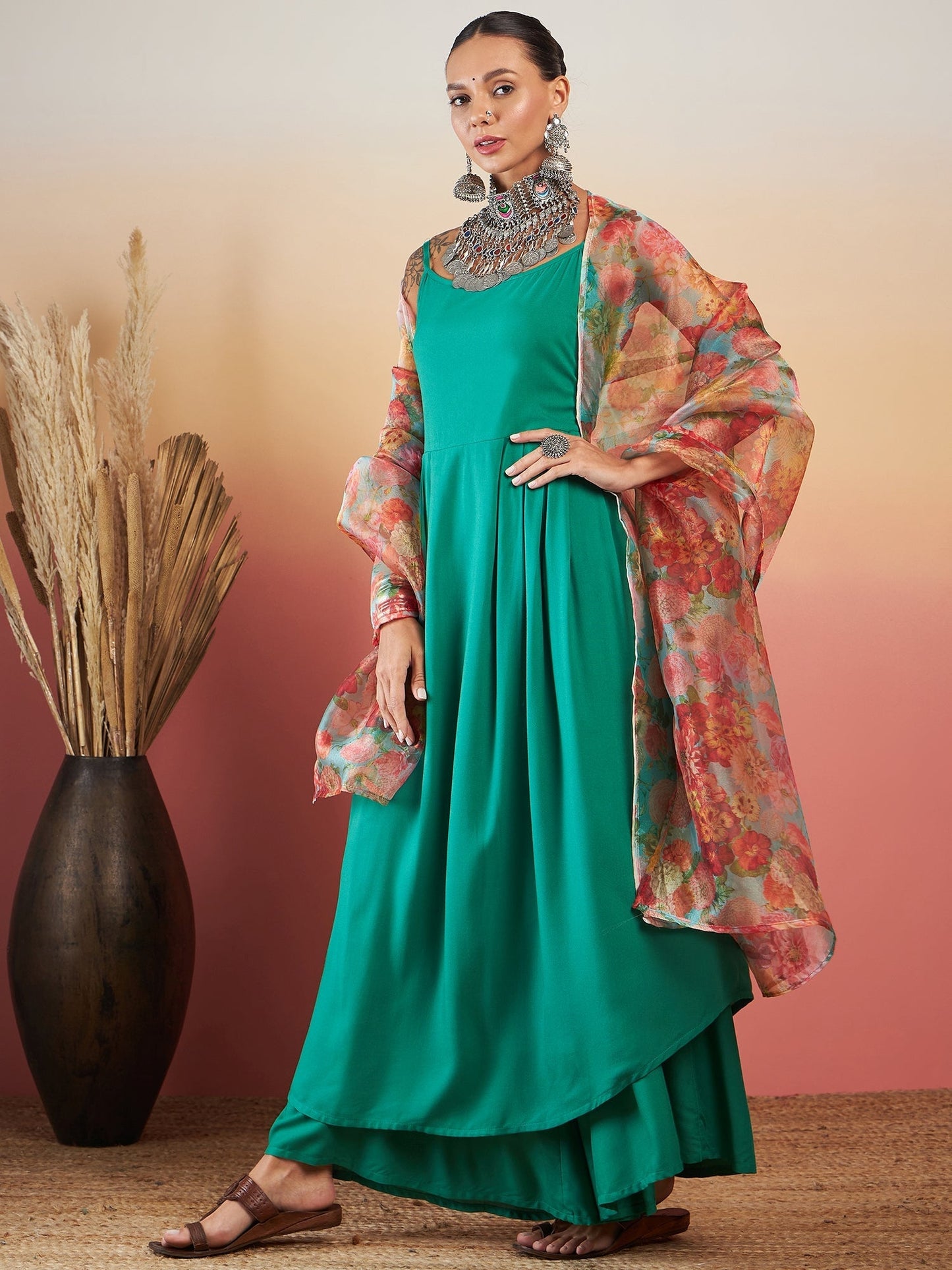 InWeave Emerald Green Strappy W Green Organza Dupatta Set - Swadesiicart