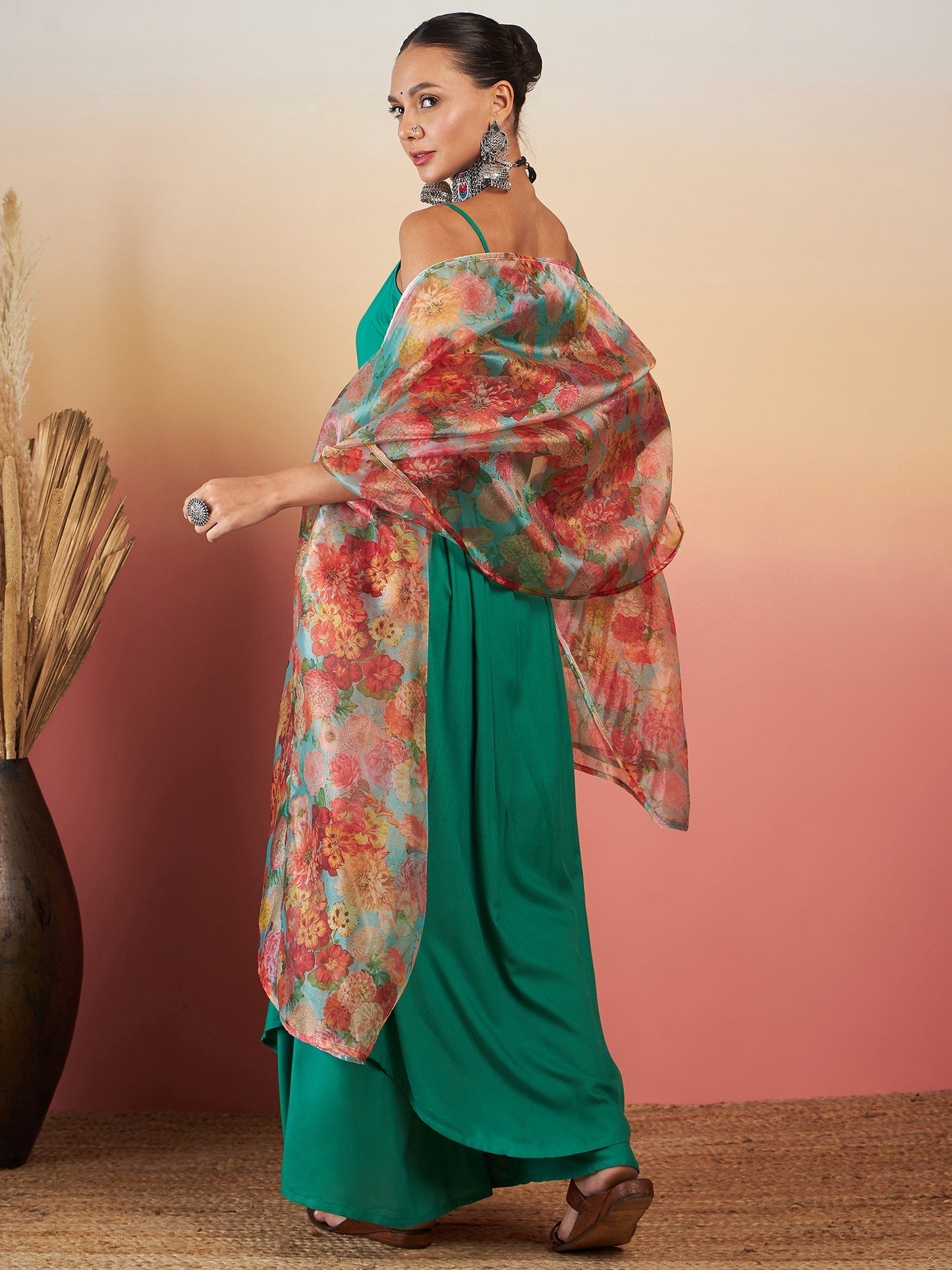 InWeave Emerald Green Strappy W Green Organza Dupatta Set - Swadesiicart