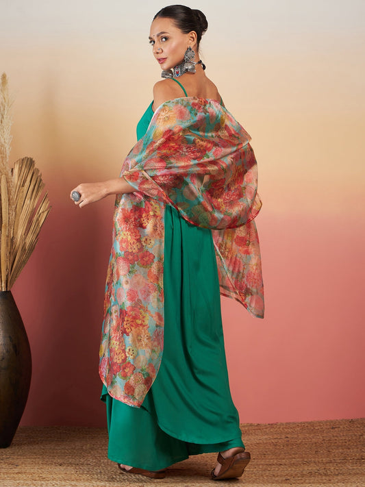 InWeave Emerald Green Strappy W Green Organza Dupatta Set - Swadesiicart