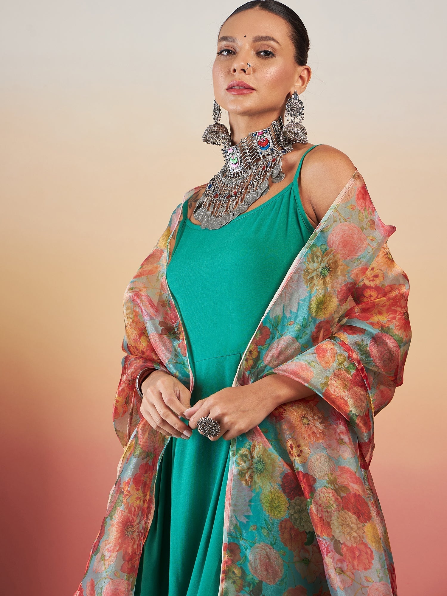InWeave Emerald Green Strappy W Green Organza Dupatta Set - Swadesiicart