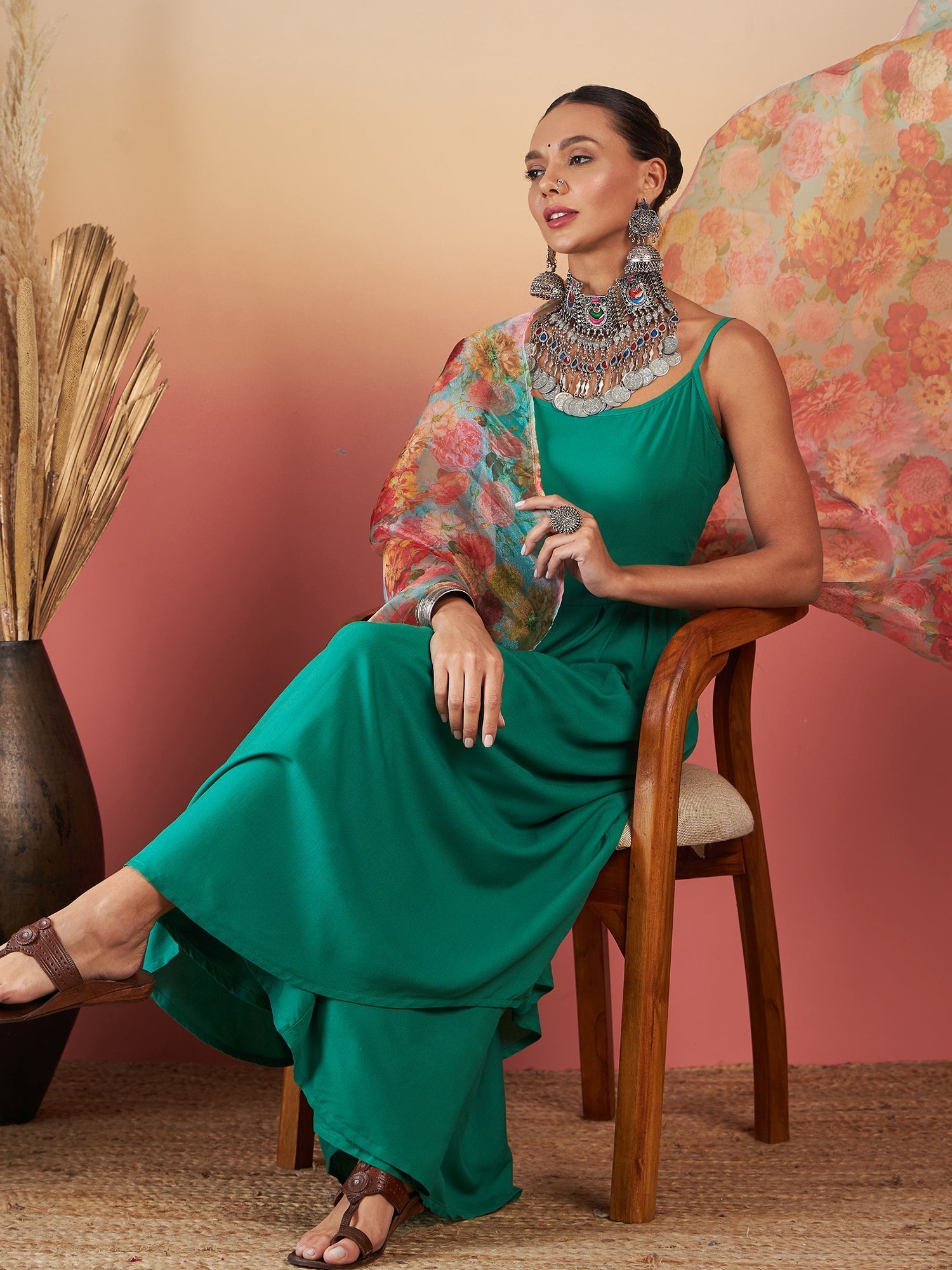 InWeave Emerald Green Strappy W Green Organza Dupatta Set - Swadesiicart