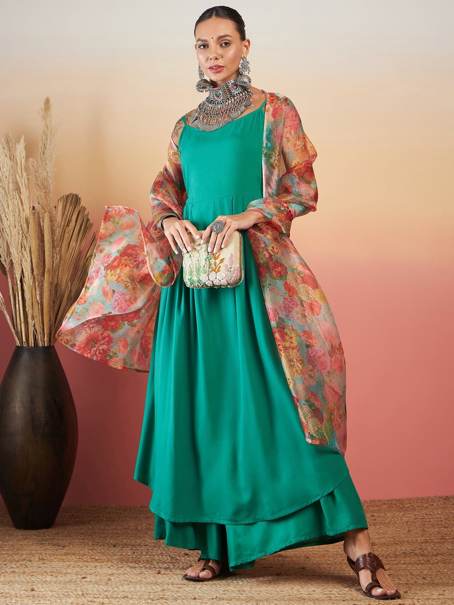 InWeave Emerald Green Strappy W Green Organza Dupatta Set - Swadesiicart
