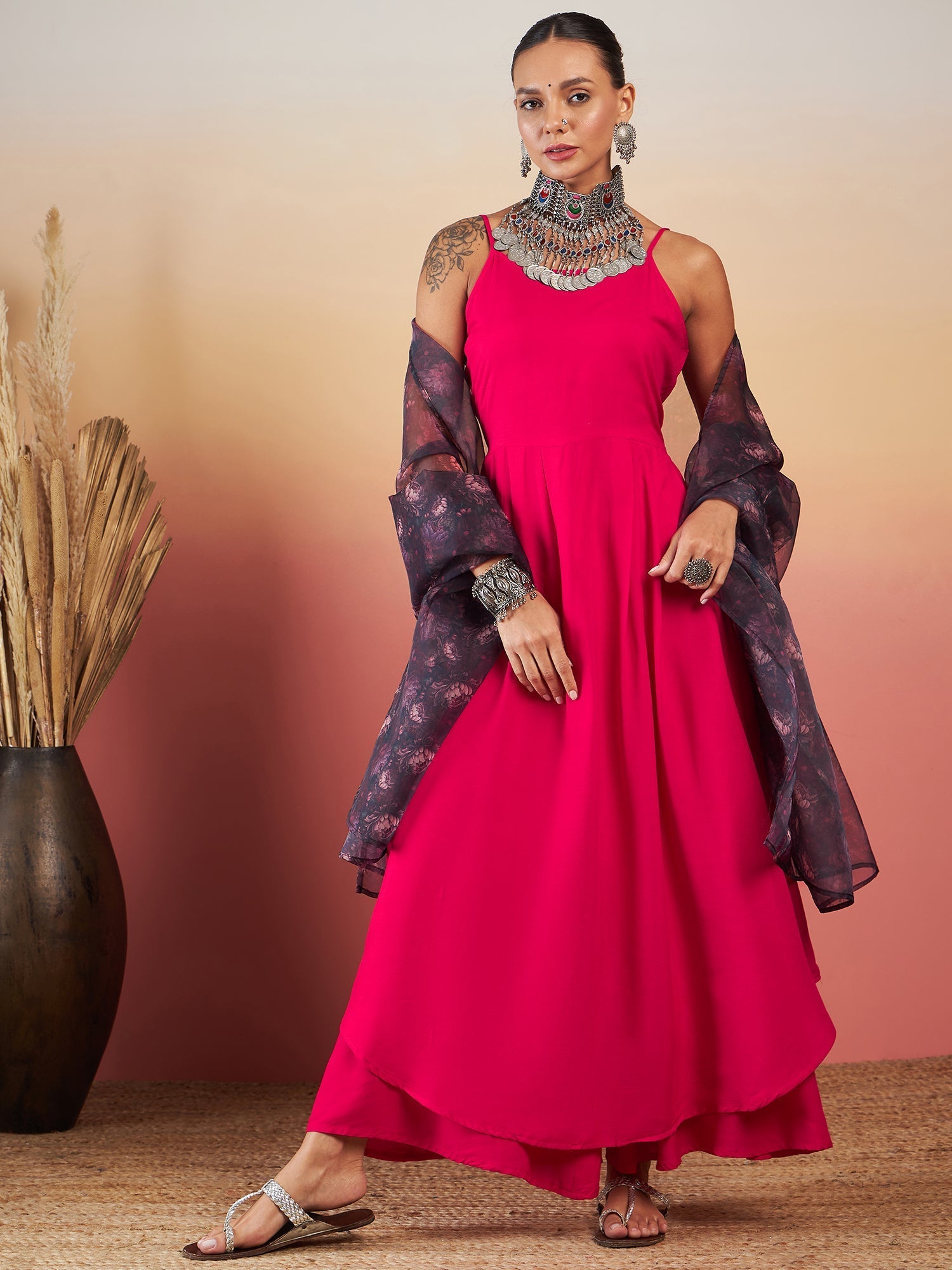 InWeave Fuchsia Strappy W Black Dark Floral Print Or Dupatta Set - Swadesiicart