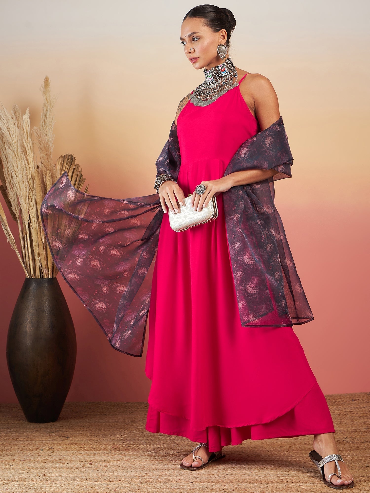 InWeave Fuchsia Strappy W Black Dark Floral Print Or Dupatta Set - Swadesiicart
