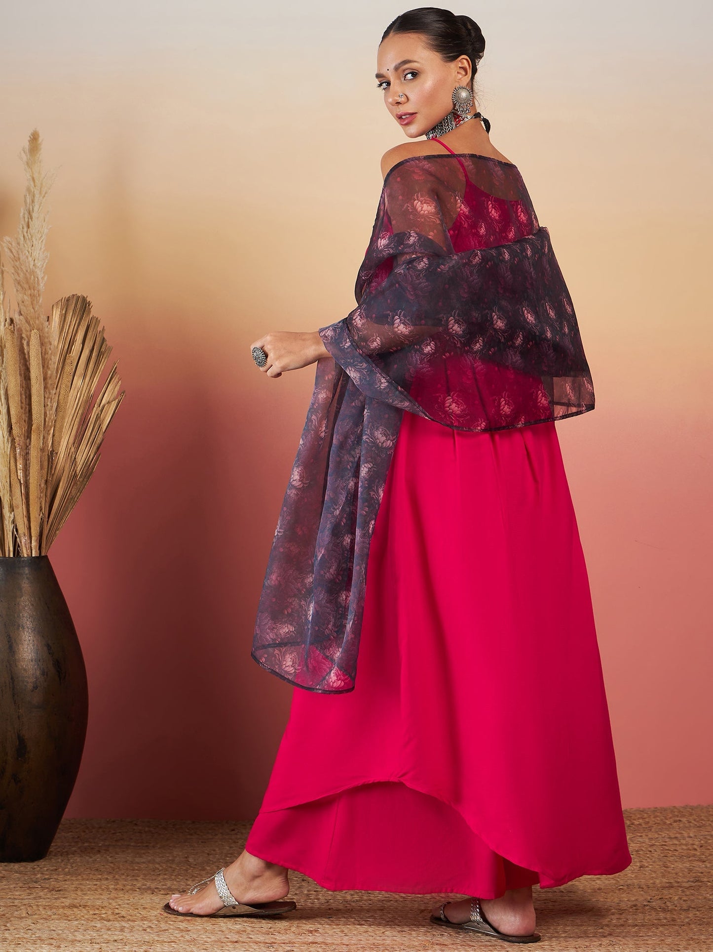 InWeave Fuchsia Strappy W Black Dark Floral Print Or Dupatta Set - Swadesiicart