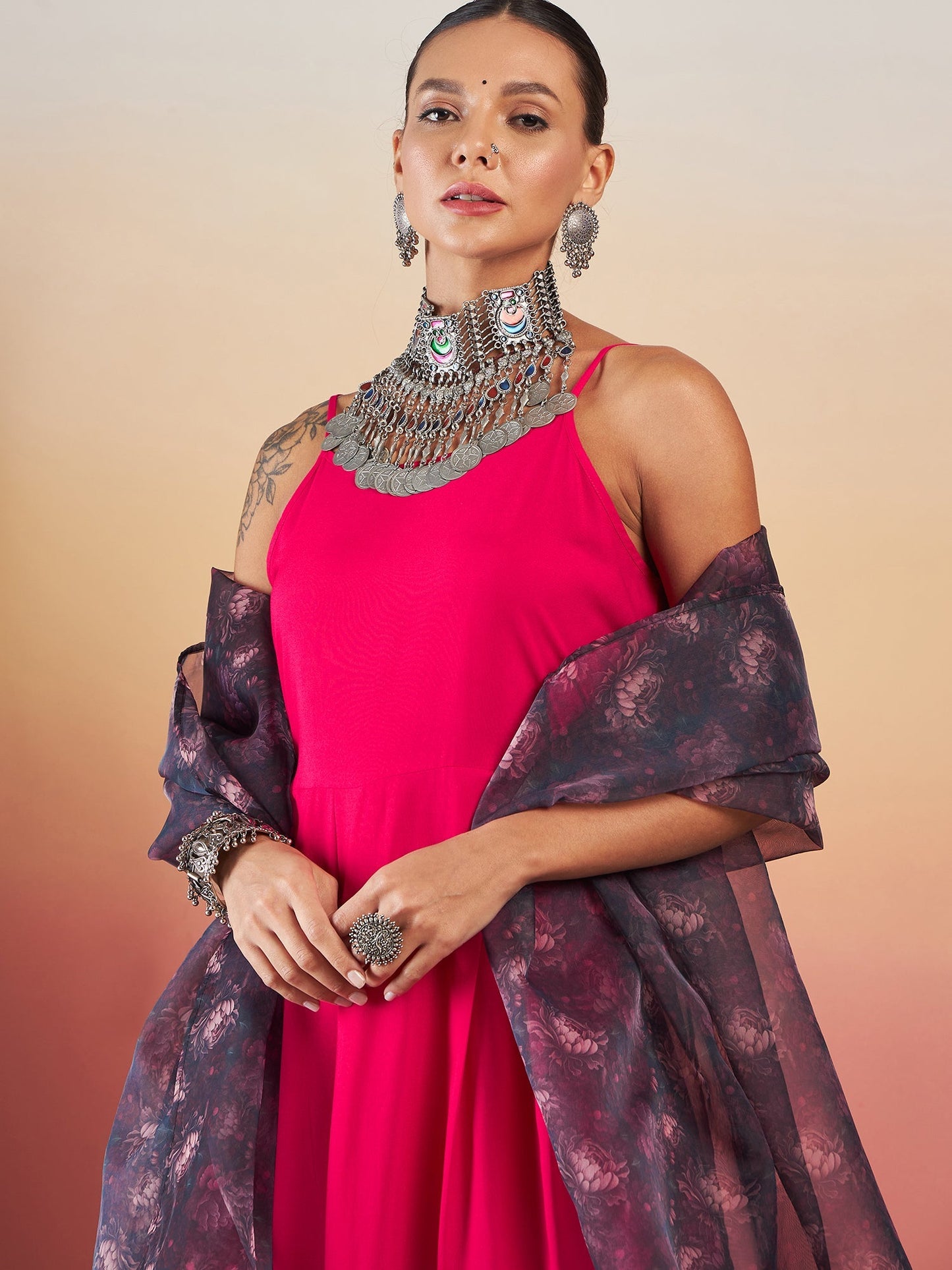 InWeave Fuchsia Strappy W Black Dark Floral Print Or Dupatta Set - Swadesiicart