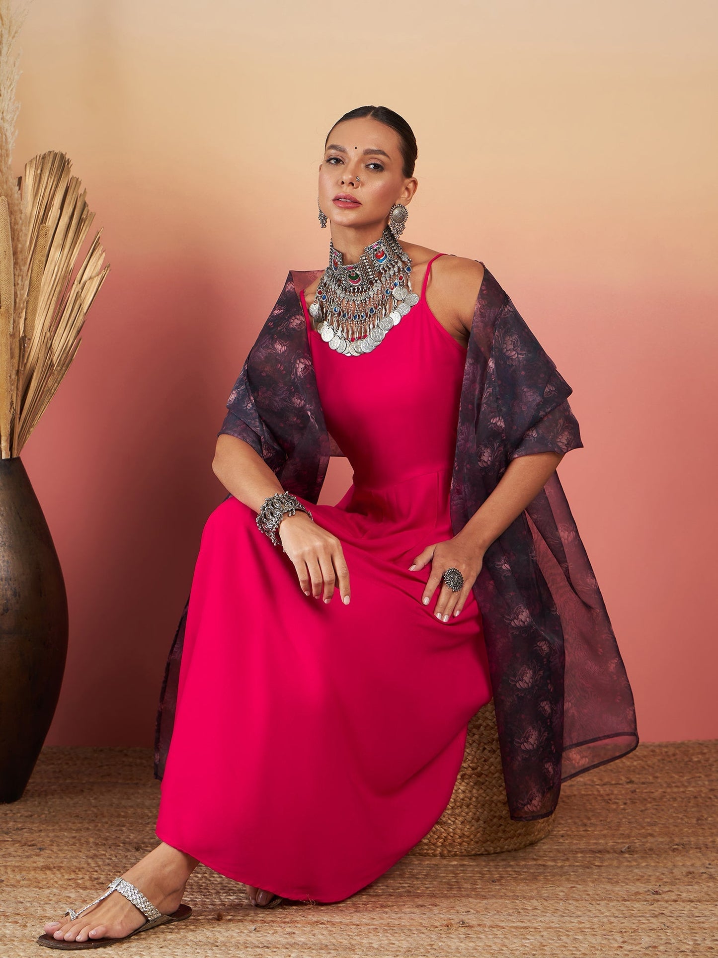 InWeave Fuchsia Strappy W Black Dark Floral Print Or Dupatta Set - Swadesiicart