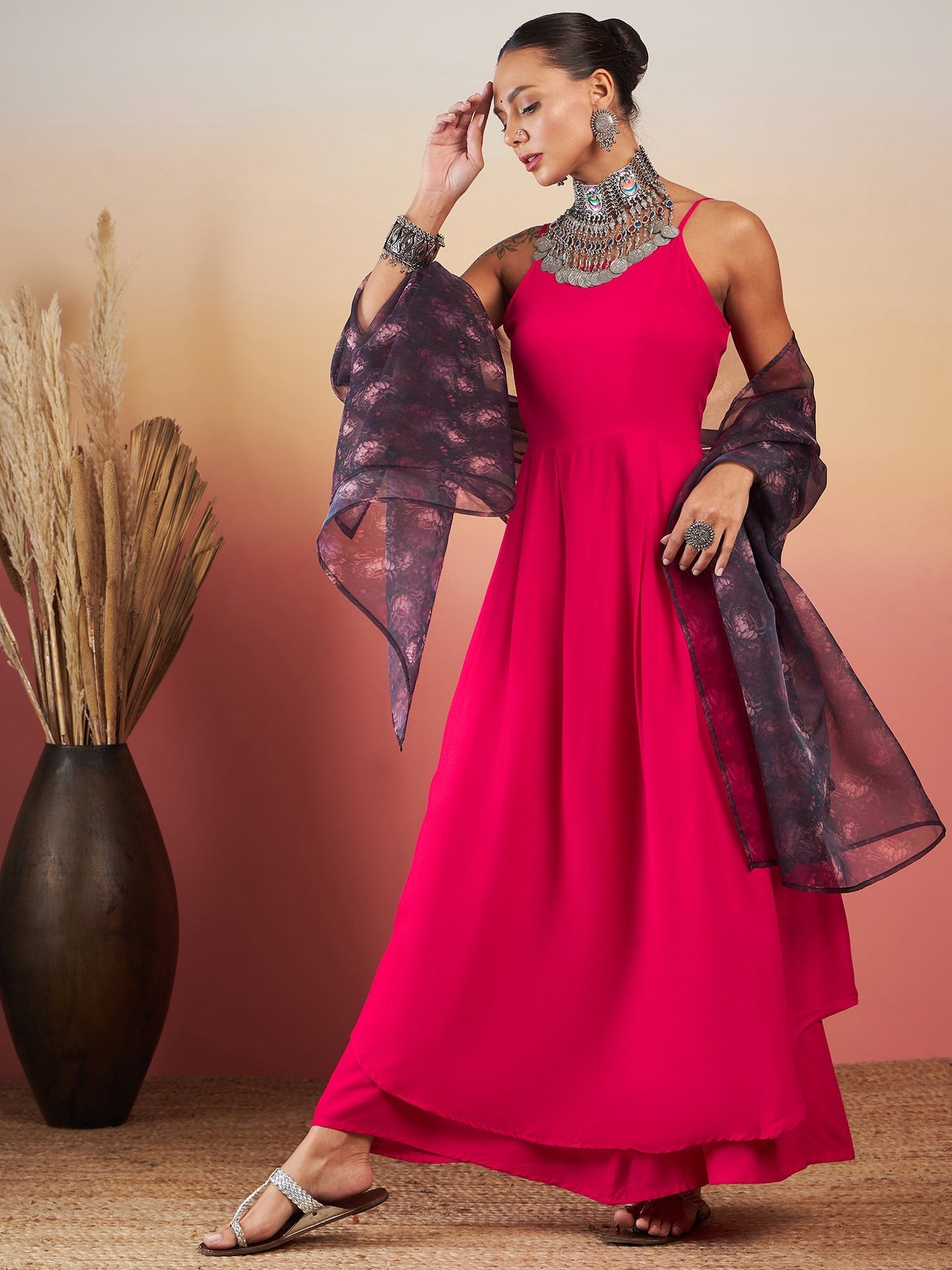 InWeave Fuchsia Strappy W Black Dark Floral Print Or Dupatta Set - Swadesiicart