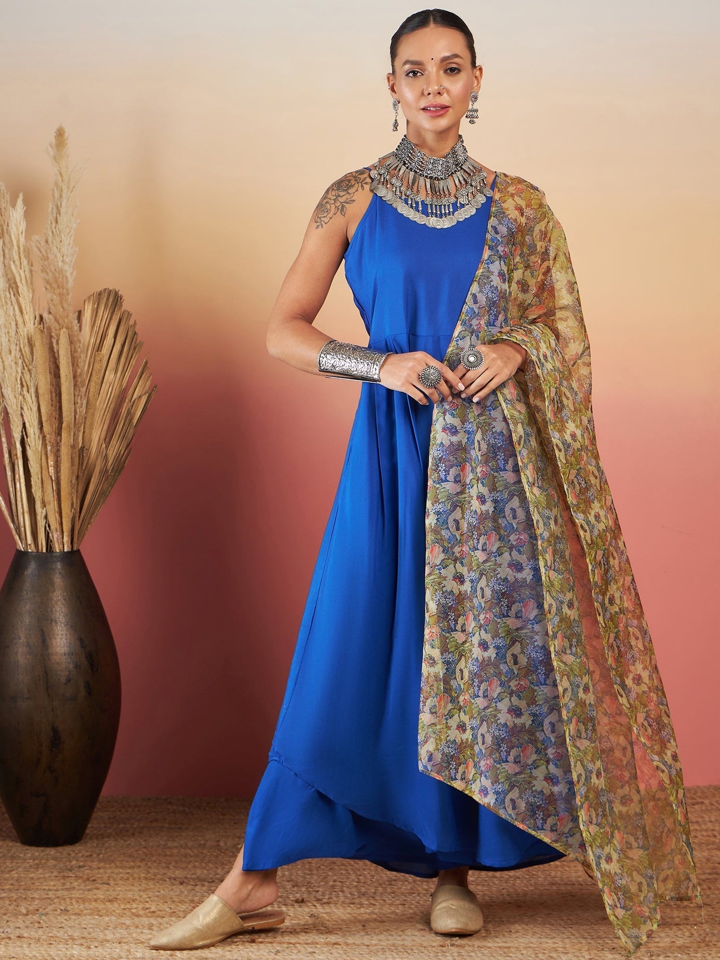 InWeave Ink Blue Strappy W Olive Liberty Print Organza Dupatta Set - Swadesiicart