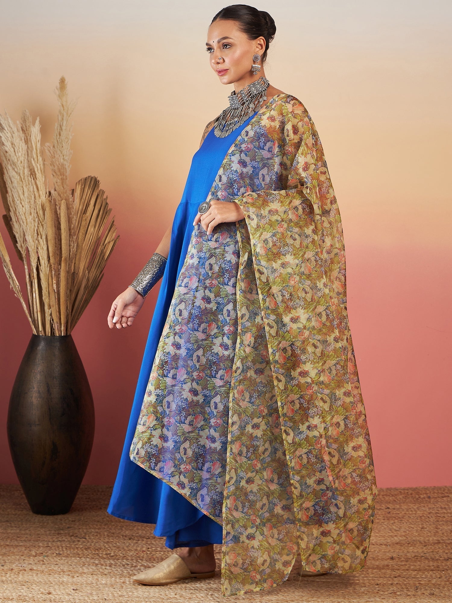 InWeave Ink Blue Strappy W Olive Liberty Print Organza Dupatta Set - Swadesiicart