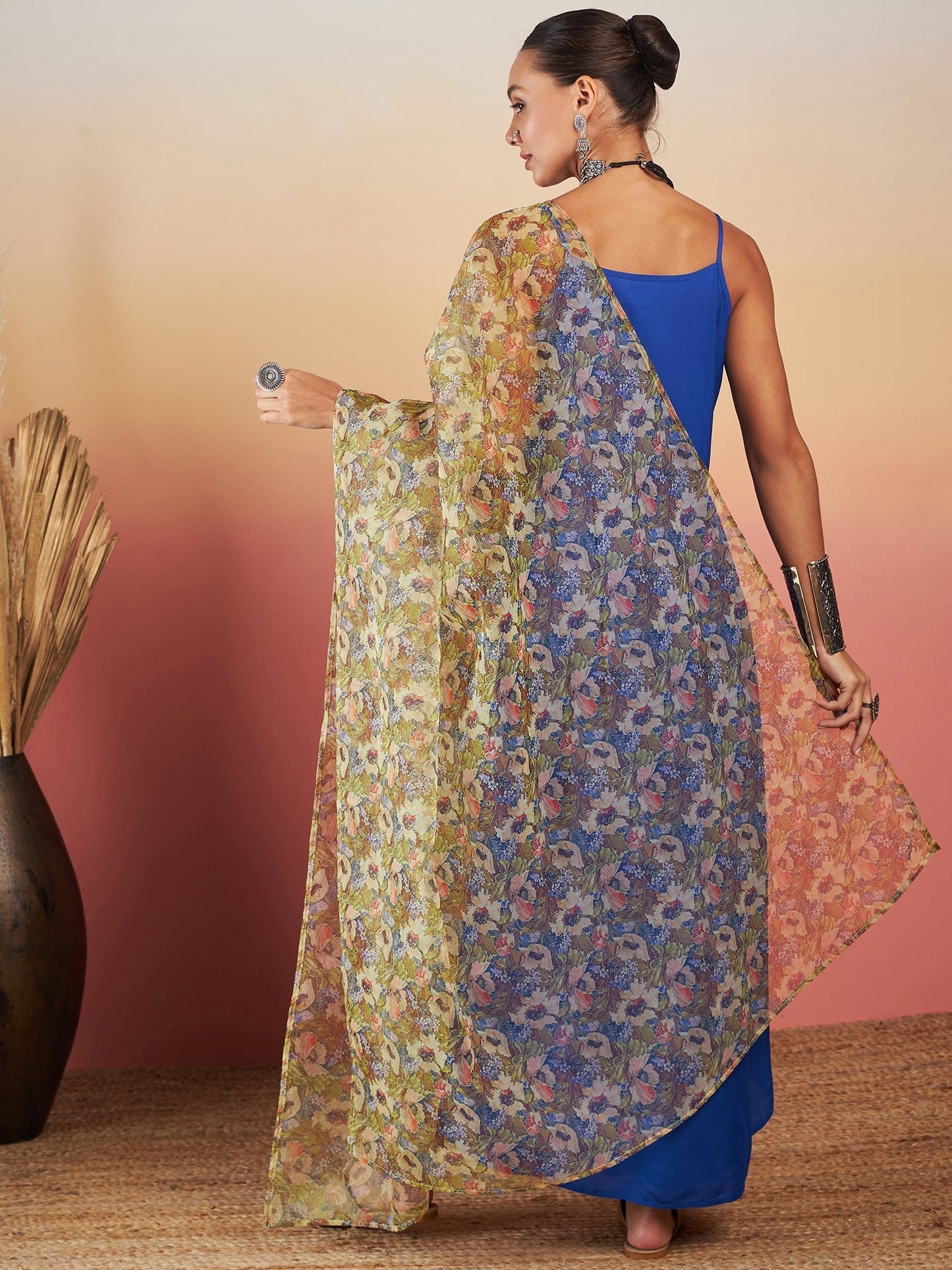 InWeave Ink Blue Strappy W Olive Liberty Print Organza Dupatta Set - Swadesiicart