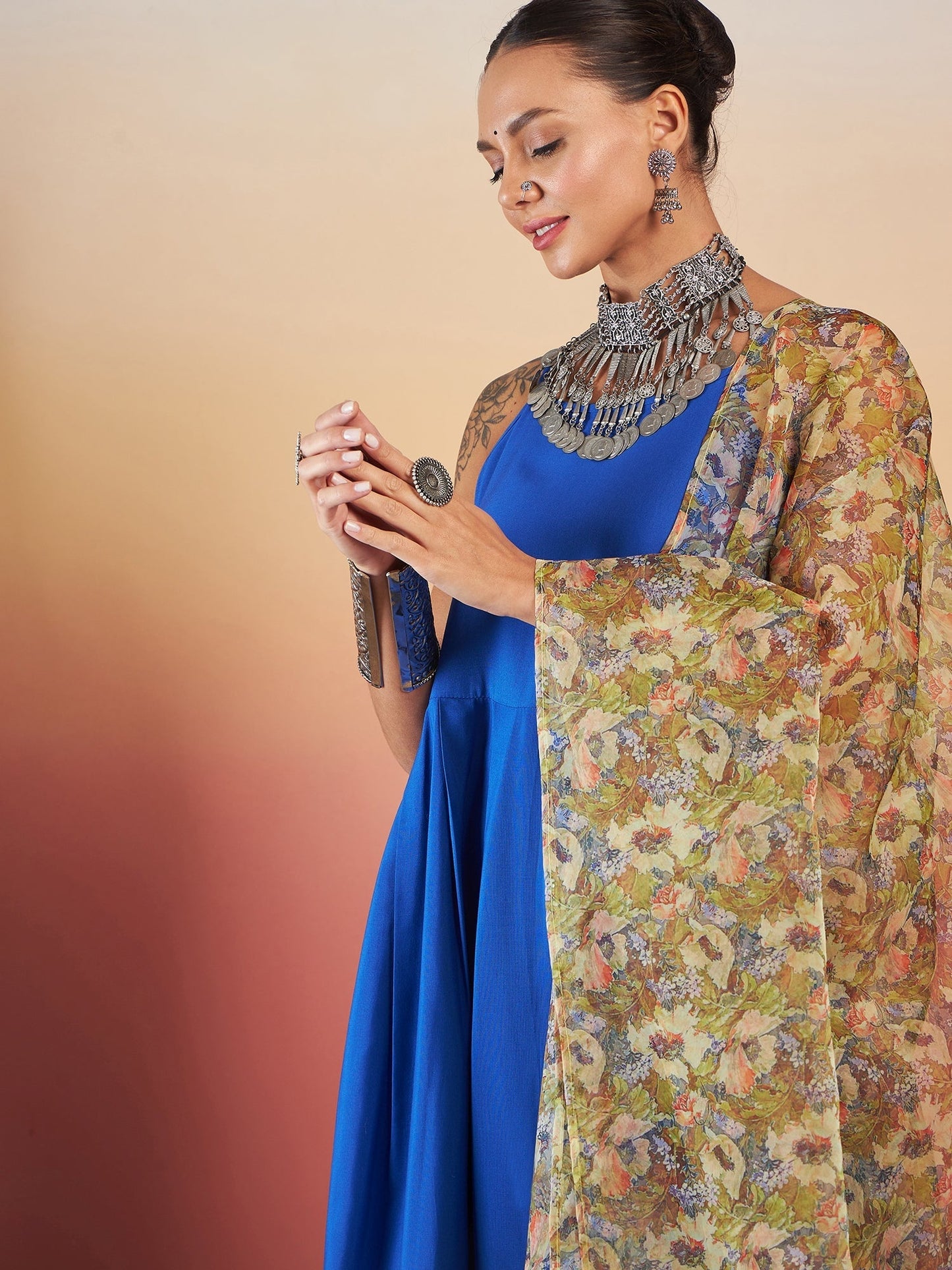 InWeave Ink Blue Strappy W Olive Liberty Print Organza Dupatta Set - Swadesiicart