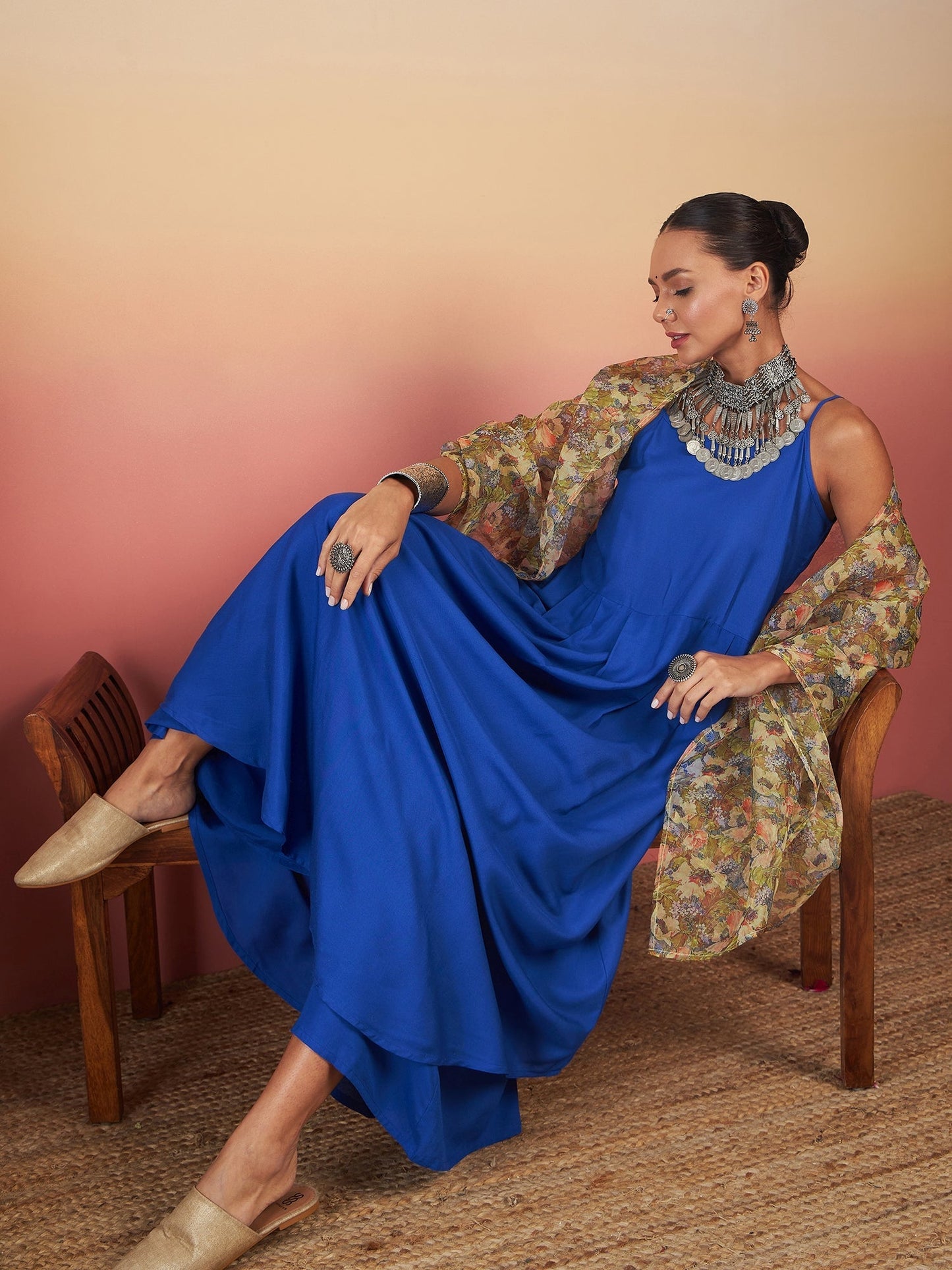 InWeave Ink Blue Strappy W Olive Liberty Print Organza Dupatta Set - Swadesiicart