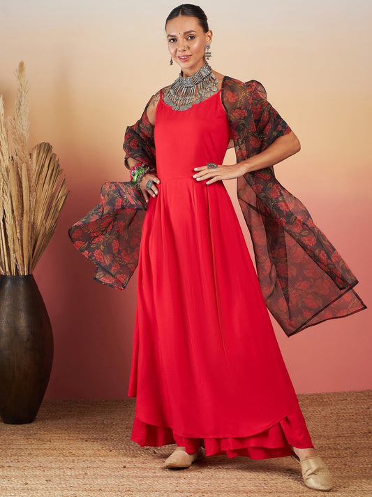 InWeave Red Strappy W Black Orange Floral Print Or Dupatta Set - Swadesiicart