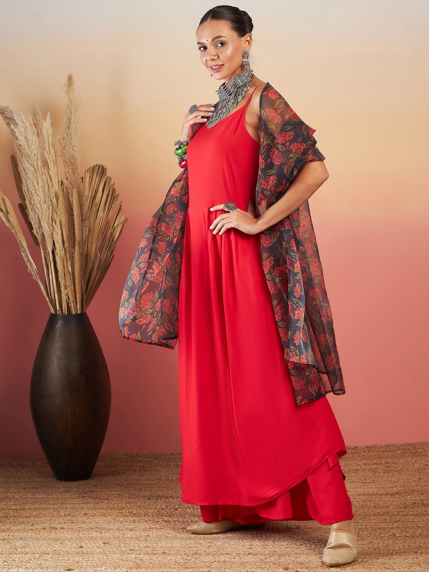 InWeave Red Strappy W Black Orange Floral Print Or Dupatta Set - Swadesiicart