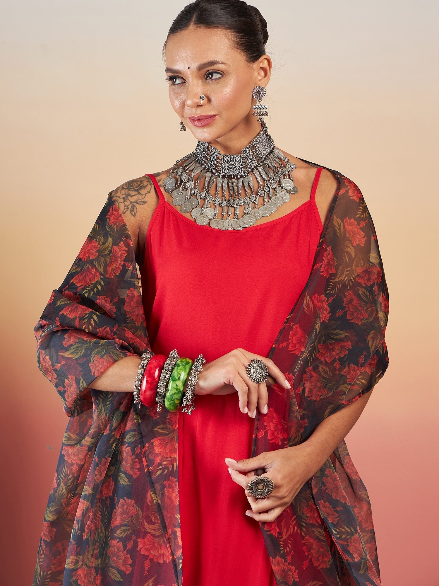 InWeave Red Strappy W Black Orange Floral Print Or Dupatta Set - Swadesiicart