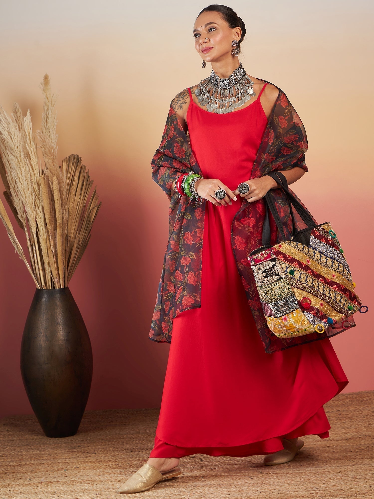 InWeave Red Strappy W Black Orange Floral Print Or Dupatta Set - Swadesiicart