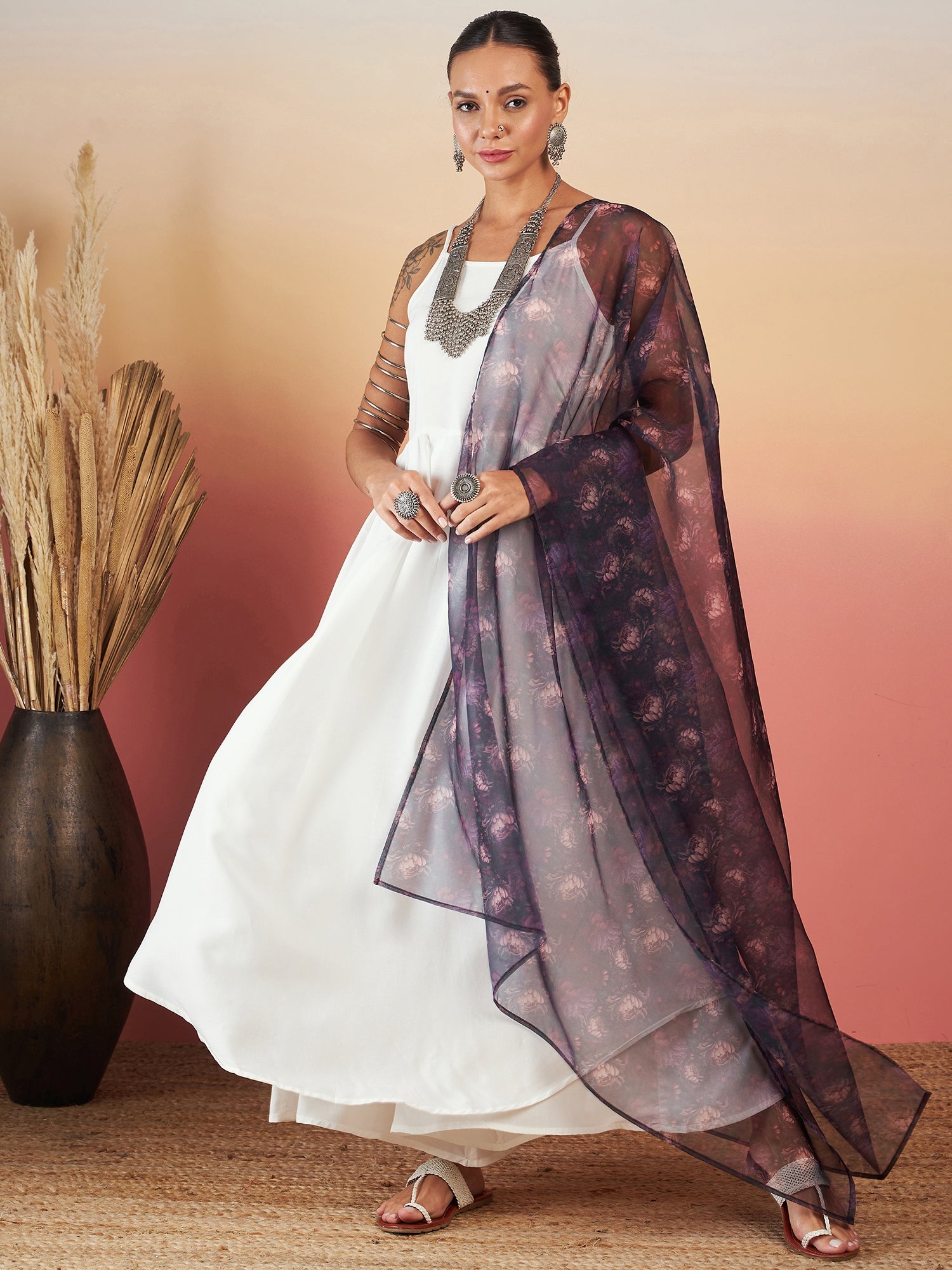 InWeave White Strappy W Black Dark Floral Print Or Dupatta Set - Swadesiicart