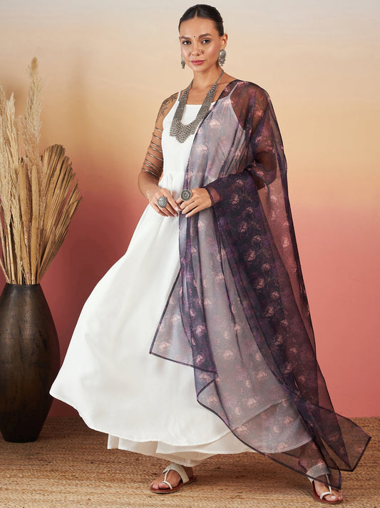 InWeave White Strappy W Black Dark Floral Print Or Dupatta Set - Swadesiicart