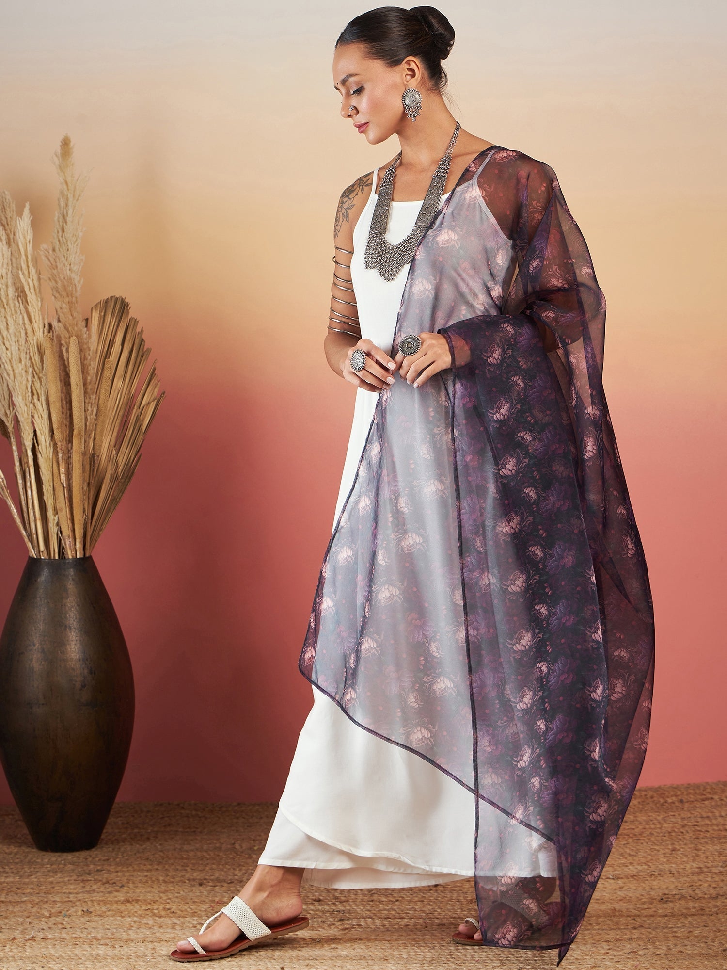 InWeave White Strappy W Black Dark Floral Print Or Dupatta Set - Swadesiicart