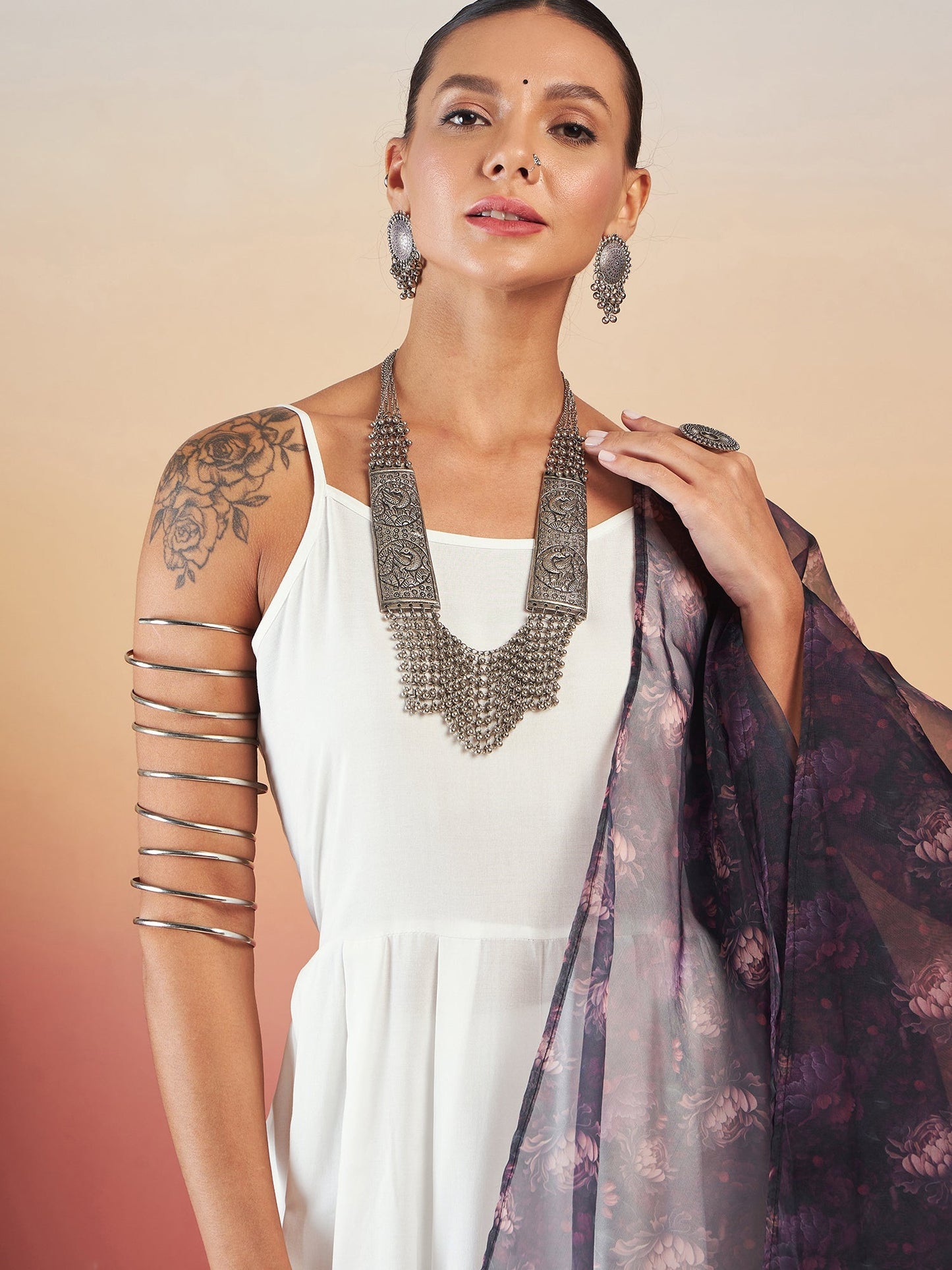 InWeave White Strappy W Black Dark Floral Print Or Dupatta Set - Swadesiicart