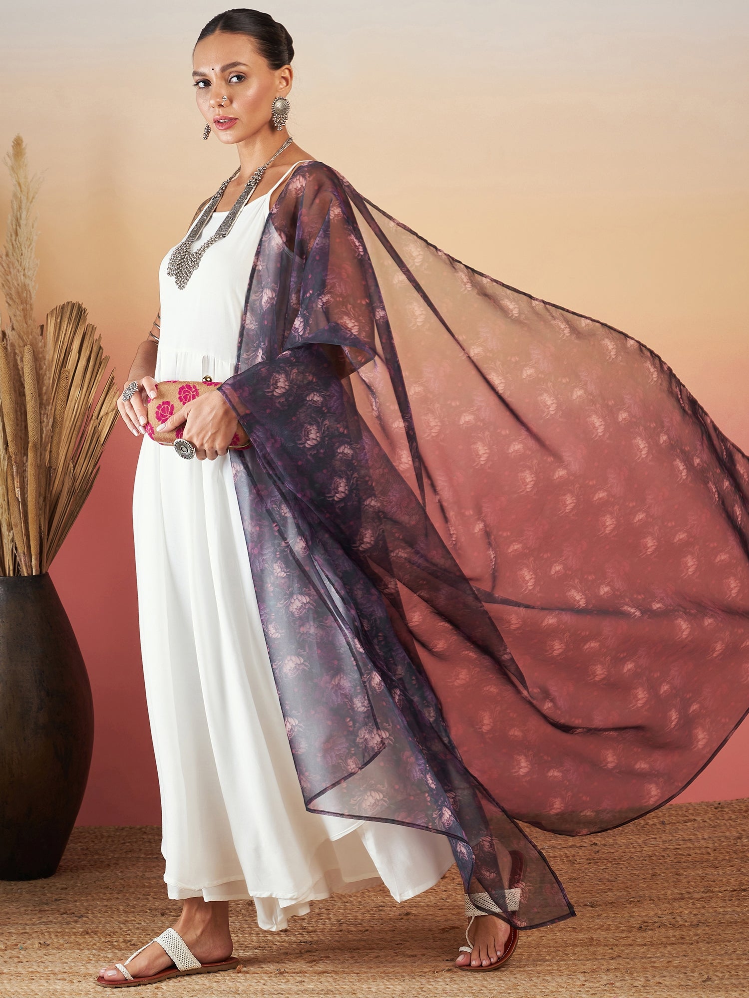 InWeave White Strappy W Black Dark Floral Print Or Dupatta Set - Swadesiicart