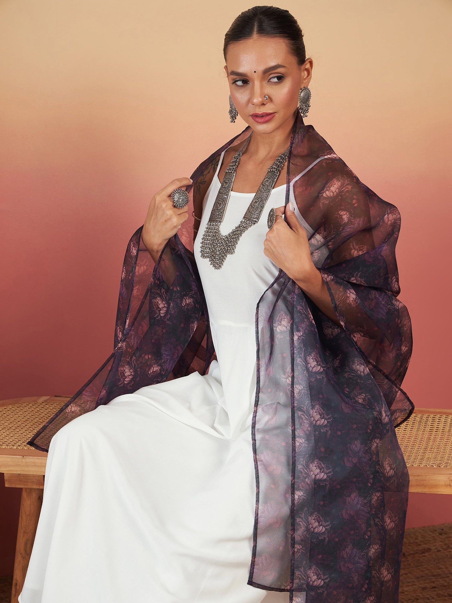 InWeave White Strappy W Black Dark Floral Print Or Dupatta Set - Swadesiicart