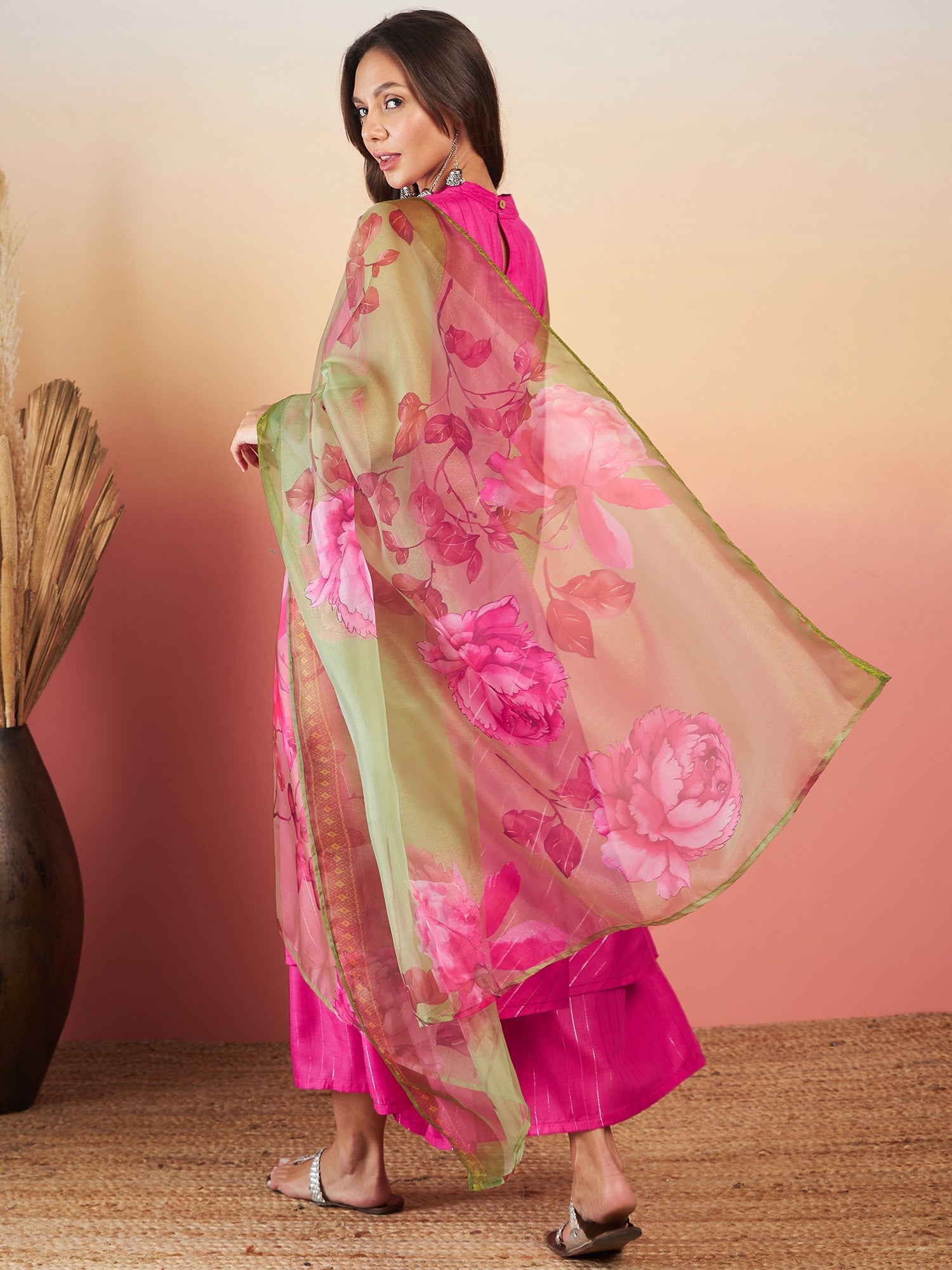 InWeave Fuchsia Olive Lurex Set - Swadesiicart