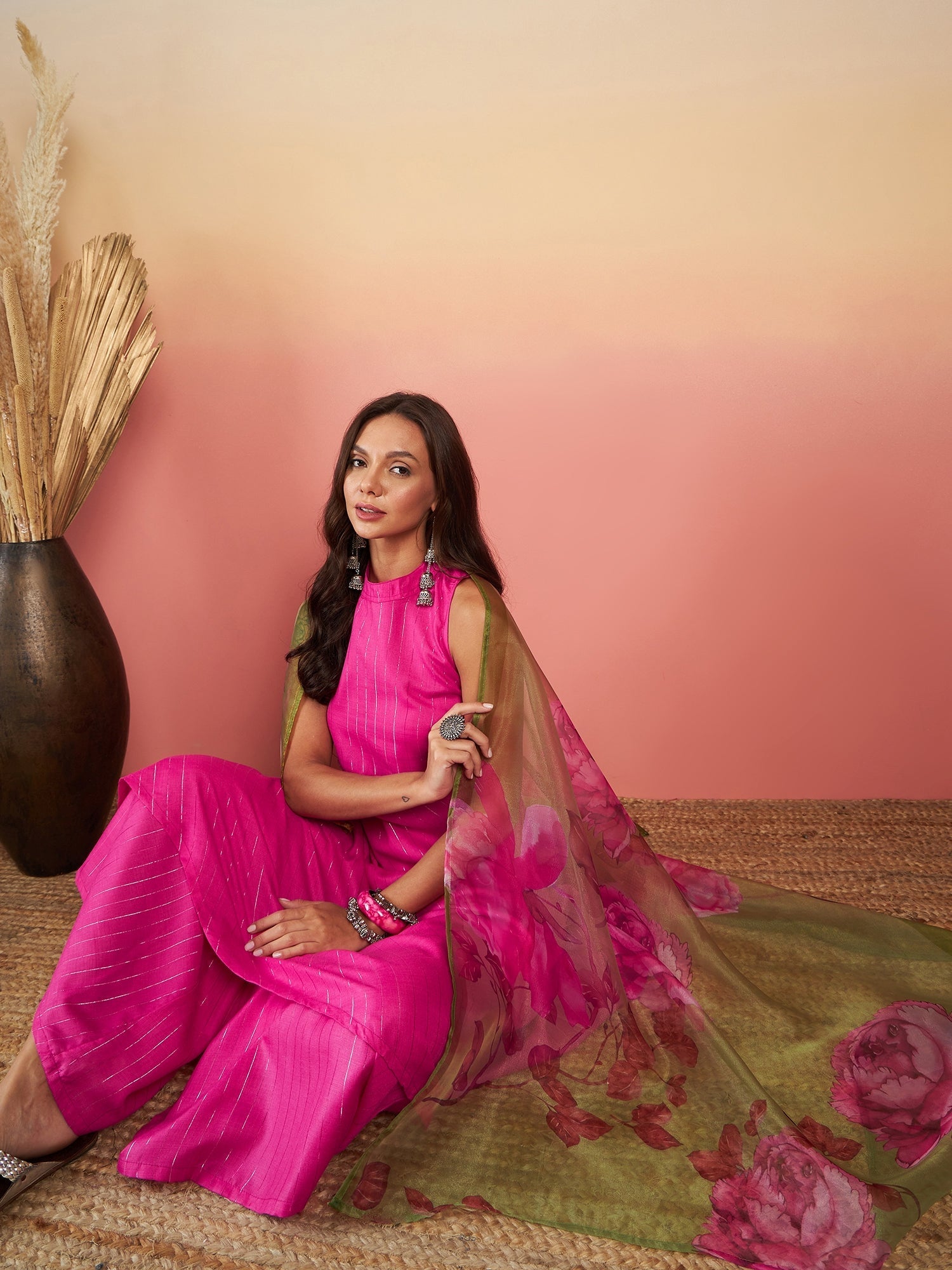 InWeave Fuchsia Olive Lurex Set - Swadesiicart