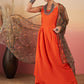 InWeave Orange Strappy W Dark Brown Leaf Print Or Dupatta Set - Swadesiicart