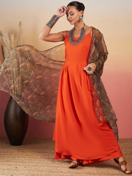 InWeave Orange Strappy W Dark Brown Leaf Print Or Dupatta Set - Swadesiicart