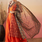 InWeave Orange Strappy W Dark Brown Leaf Print Or Dupatta Set - Swadesiicart