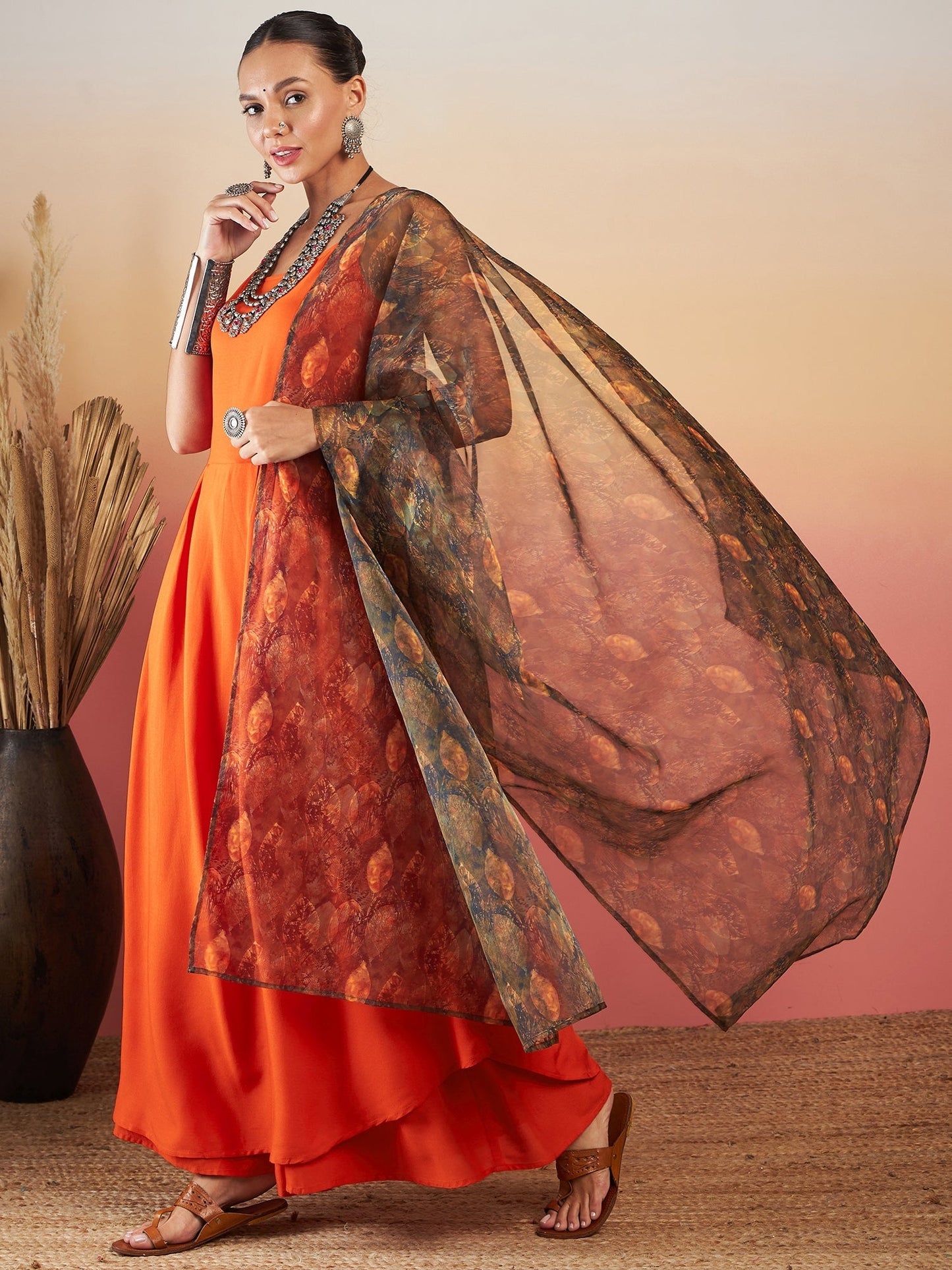 InWeave Orange Strappy W Dark Brown Leaf Print Or Dupatta Set - Swadesiicart