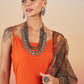 InWeave Orange Strappy W Dark Brown Leaf Print Or Dupatta Set - Swadesiicart